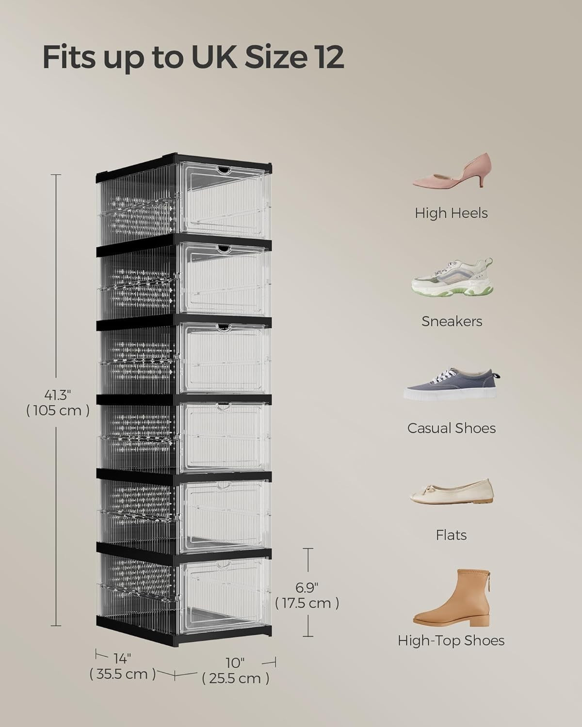Pack of 6 Stackable Foldable Shoe Boxes Cabinet Transparent/Black 105x25x105 cm