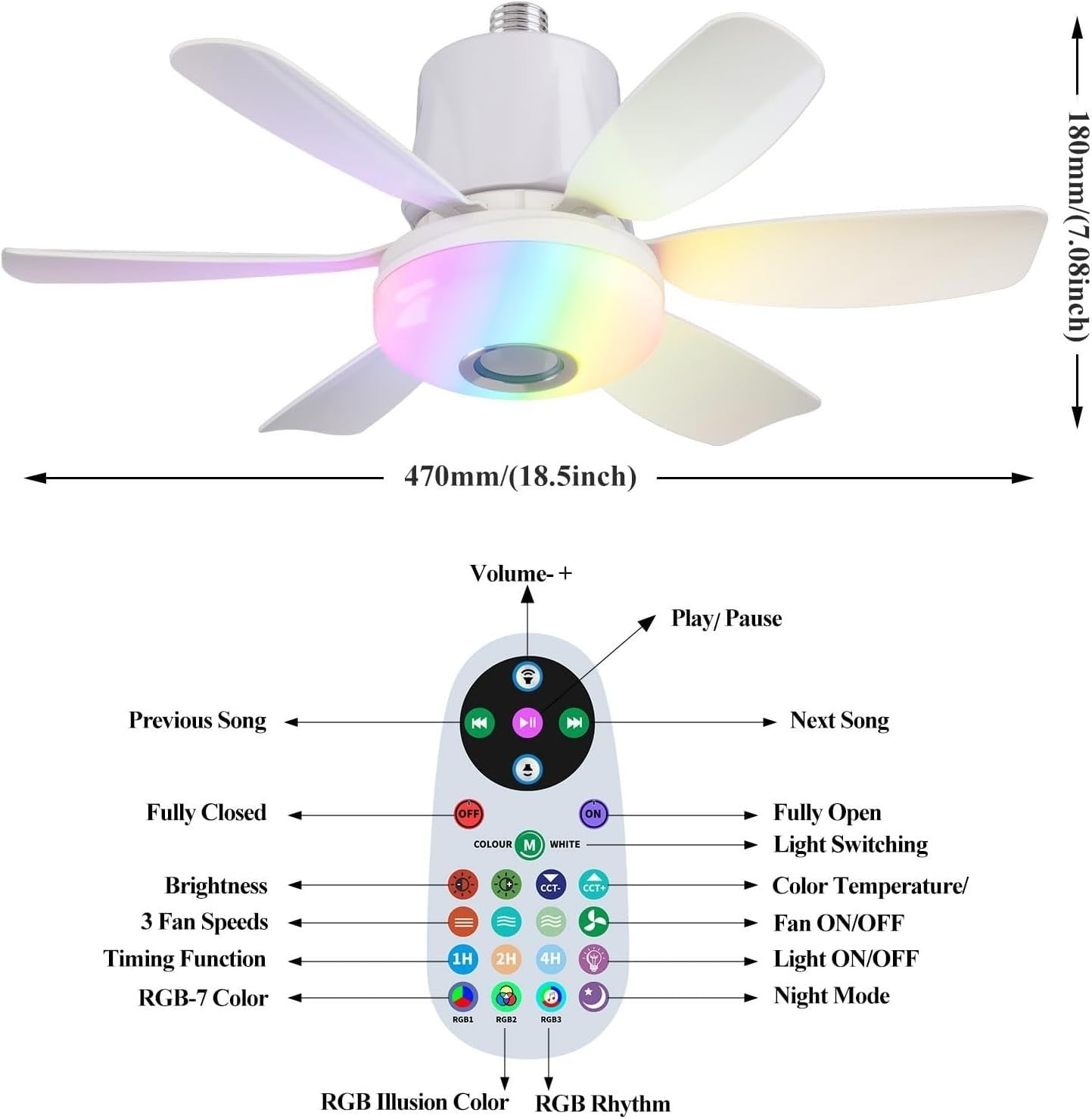 VIMAZ 32W Ceiling Fan with Lights, RGB Music, E27, 3-Speed, 6 Blades, Remote