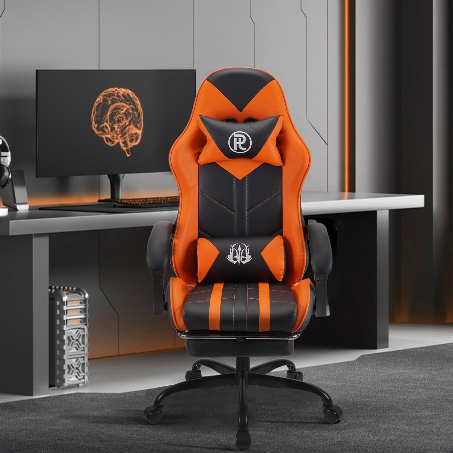 Ergonomic Orange Gaming Chair Recliner PU Leather Office PC Desk Seat