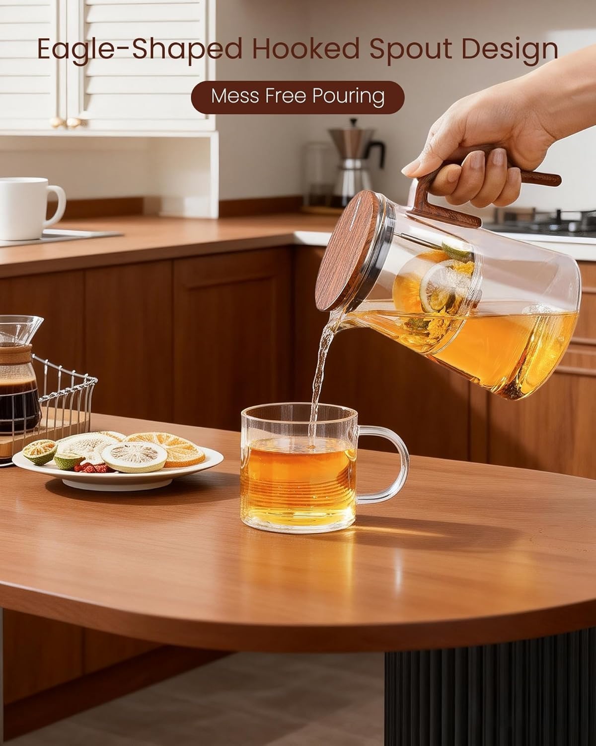 Magnetic Glass Teapot 1000ml Tea Pot w Infuser Walnut Handle Lid