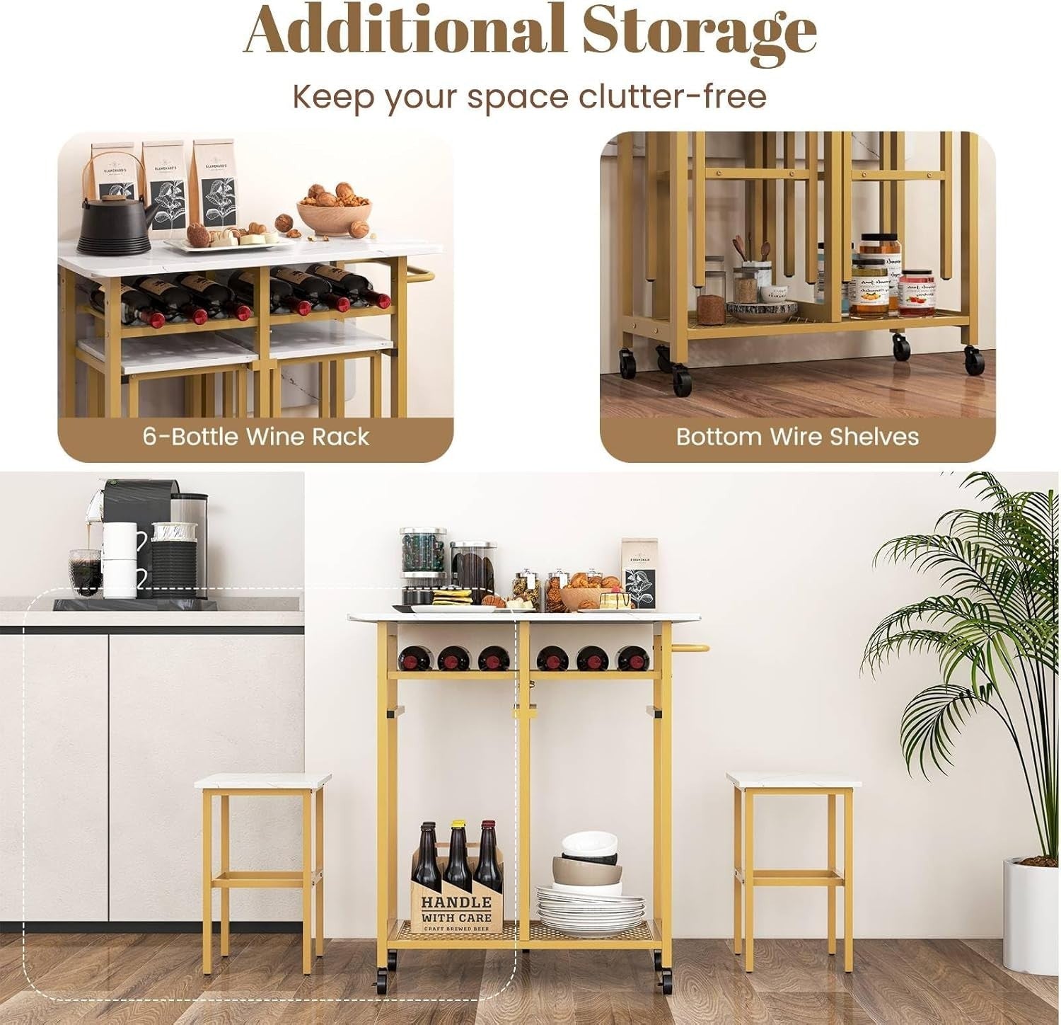3-Piece Folding Dining Table & Stools Set White Golden with Wine Rack