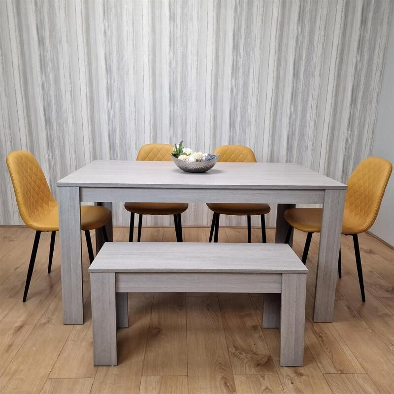 6 Seater Light Grey Dining Table Set with Mustard Chairs & Bench, MDF
