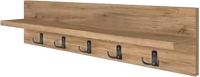 Wall Mounted Coat Rack 80cm Pine Shelf 5 Hooks Floating Storage Rail