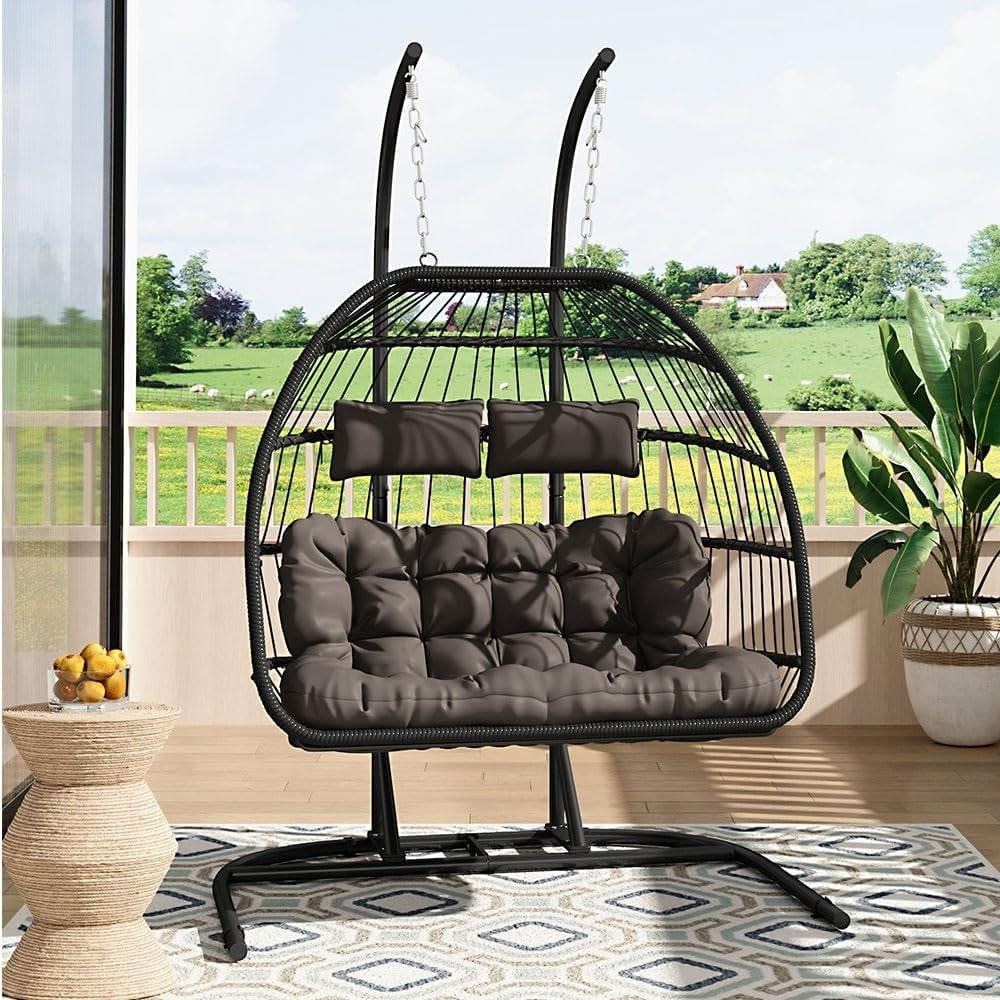 Double Egg Swing Chair with Stand Cushioned Rattan Hanging Seat Garden Patio