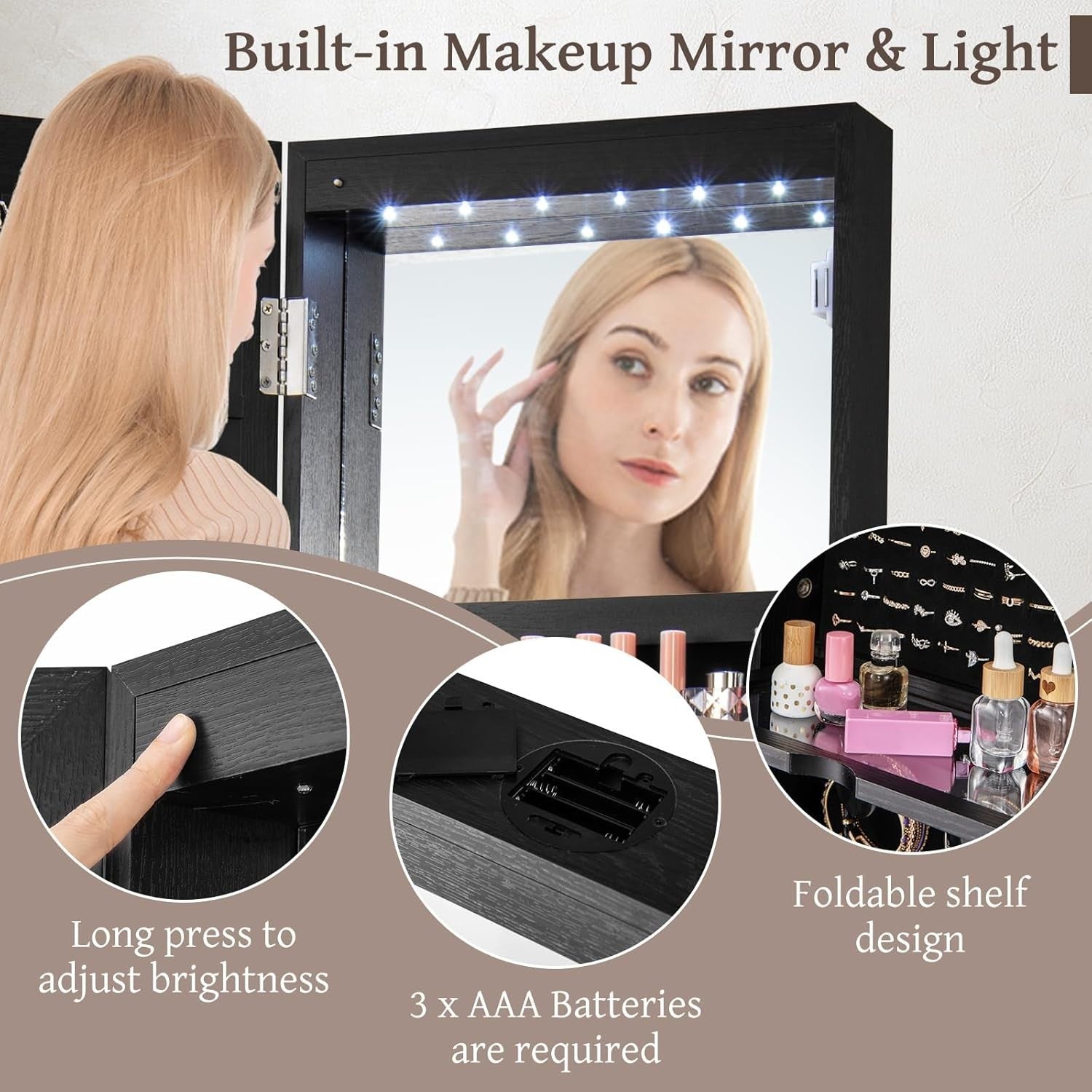 360° Swivel Jewelry Cabinet LED Mirror Lockable Makeup Storage