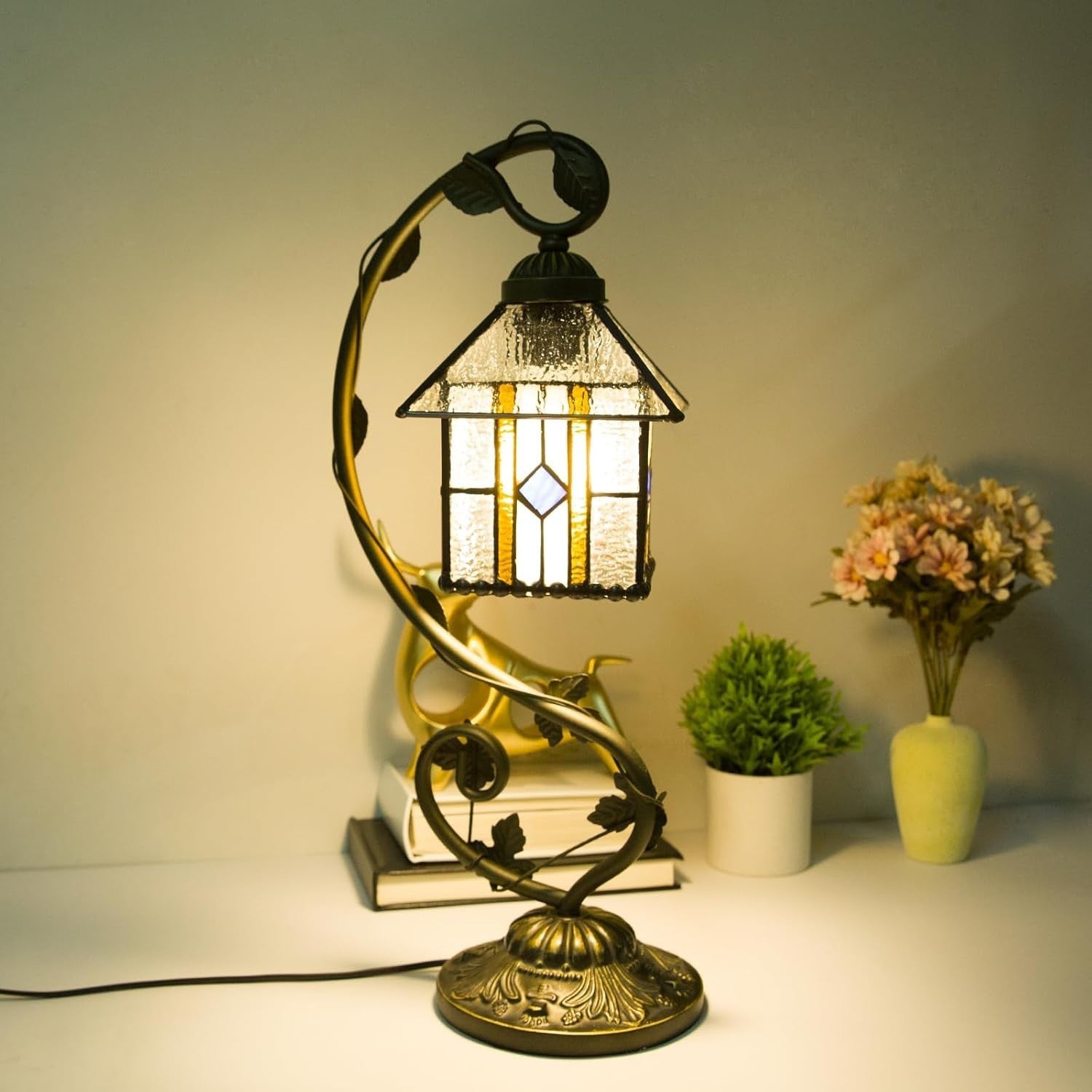 Stained Glass Table Lamp Remote Control Dimmable 3 Color Temp 28x20x52cm