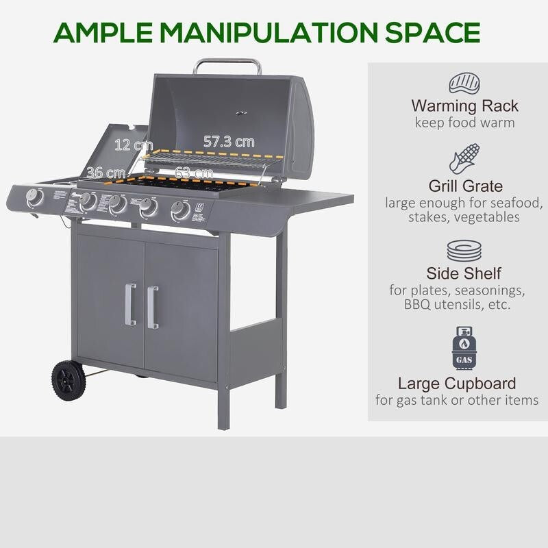 4+1 Burner Gas BBQ Grill with Thermometer, Side Shelves, Cabinet & Wheels