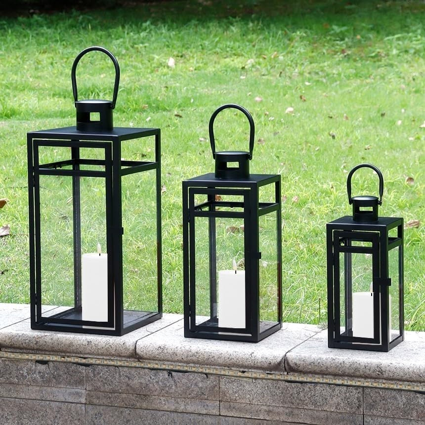 3 Pack Metal Candle Lanterns Indoor Outdoor Matte Black