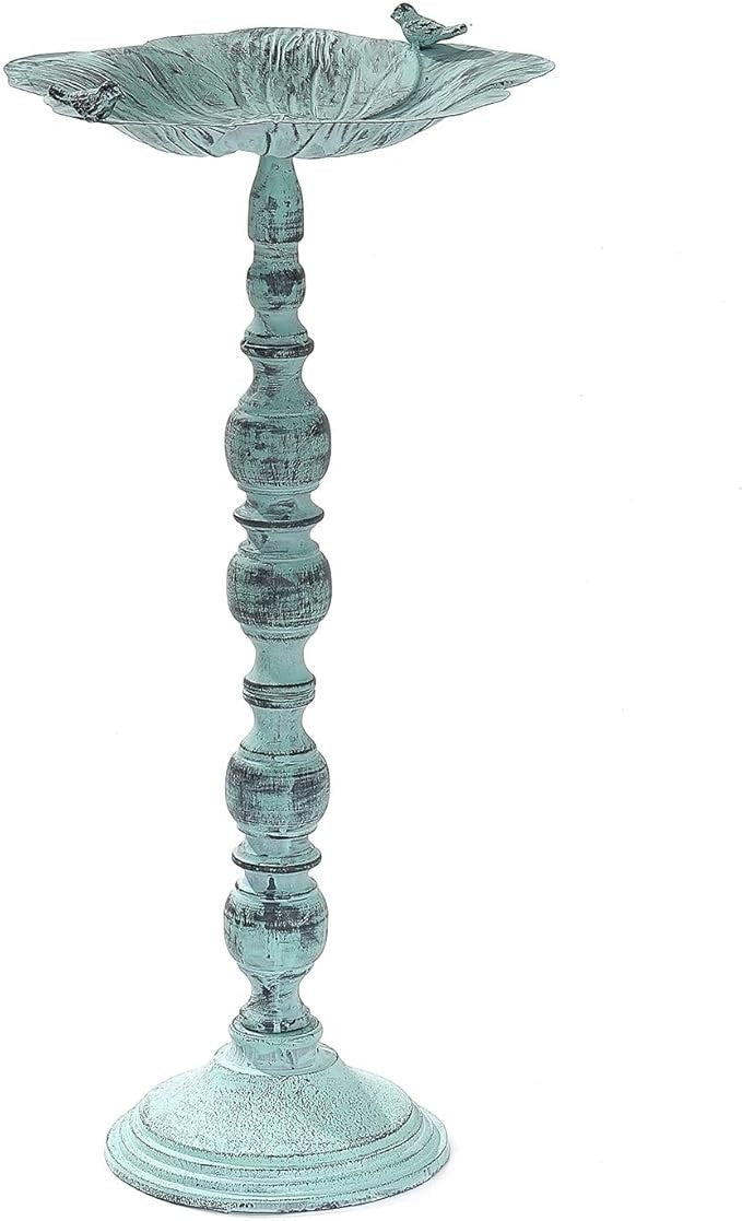 28" Antique Blue Iron Bird Bath Stand – Heavy Duty Outdoor Feeder Bowl