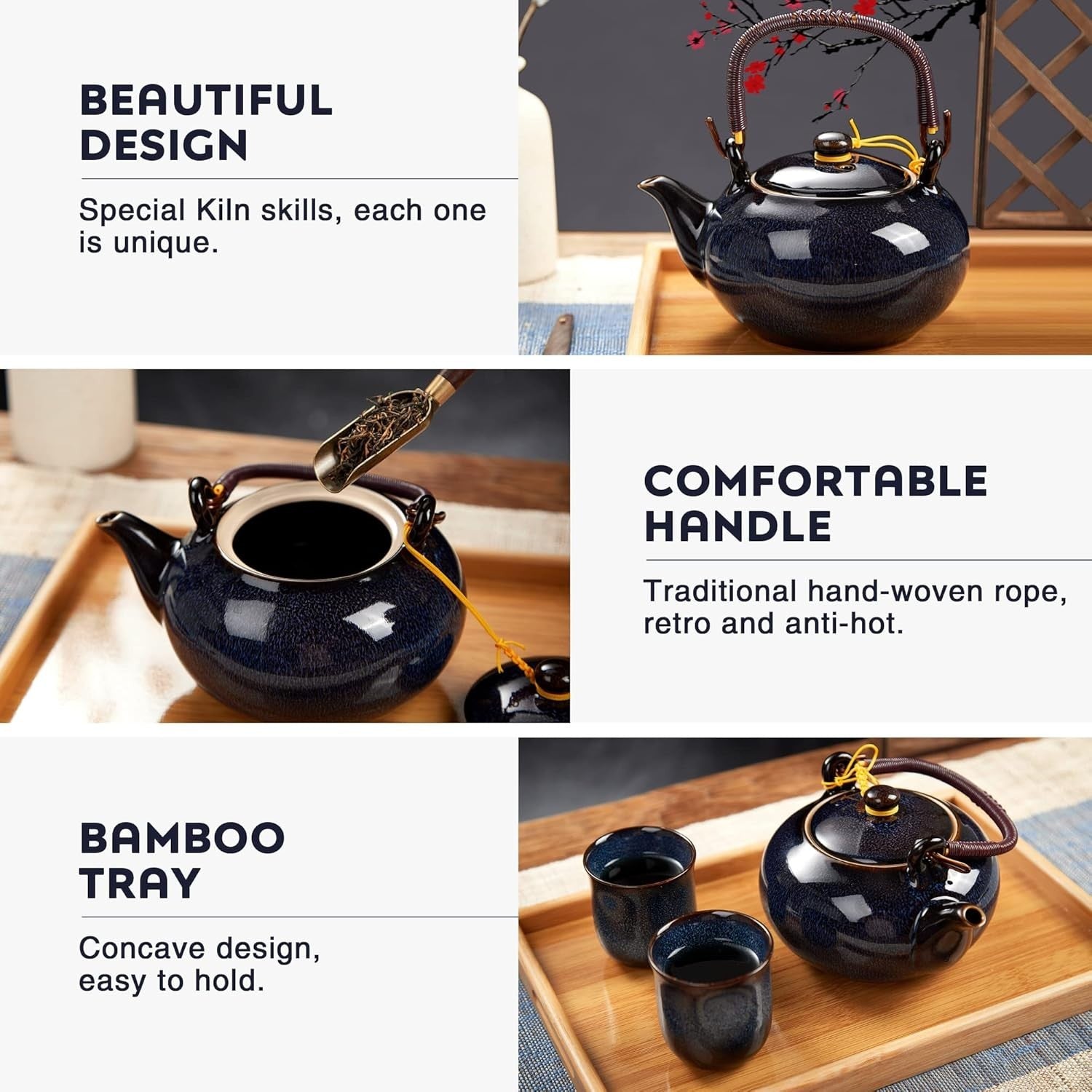 Japanese Tea Set Porcelain Teapot 6 Cups Bamboo Tray Dark Blue