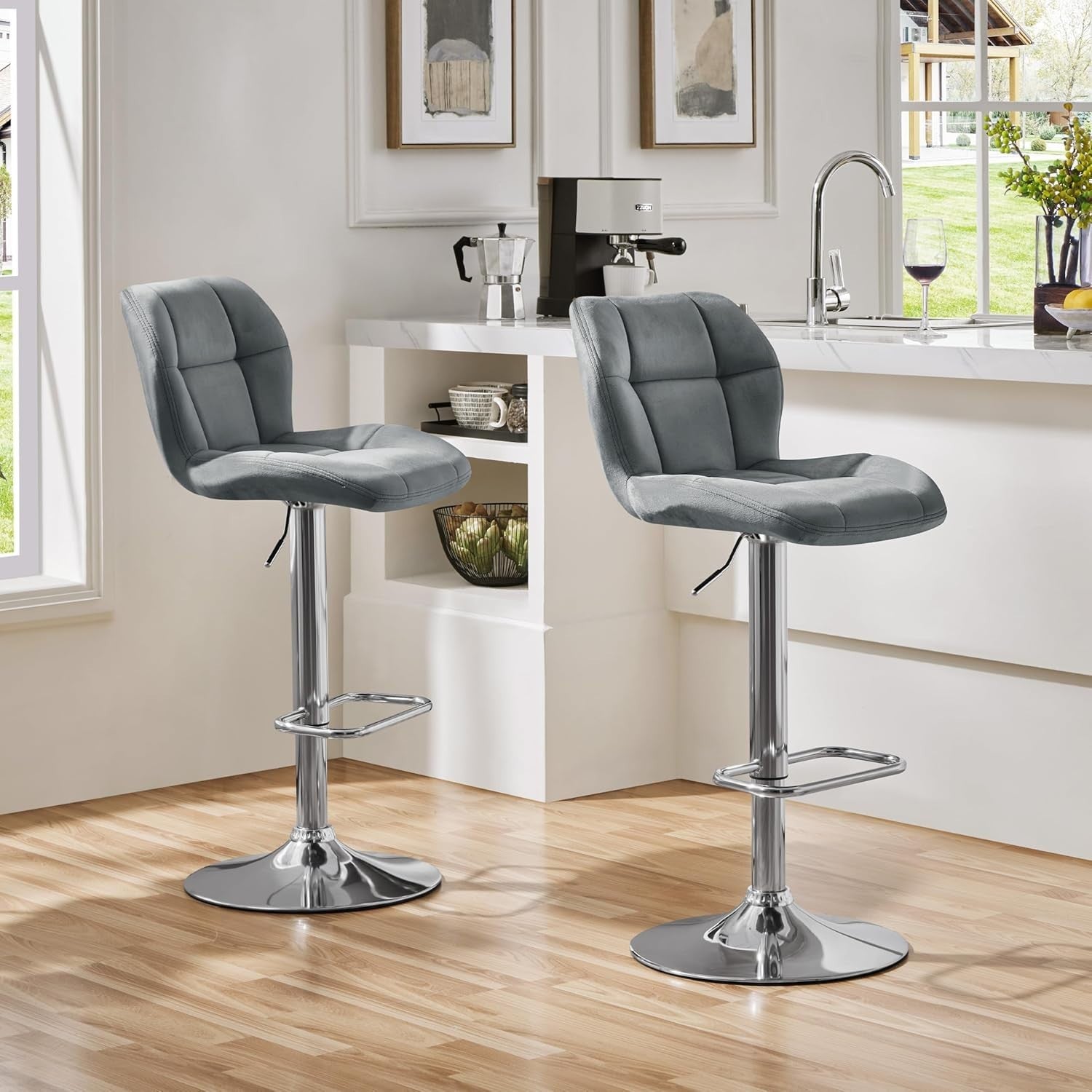 Swivel Adjustable Bar Stools Set of 2 PU Leather Counter Chairs