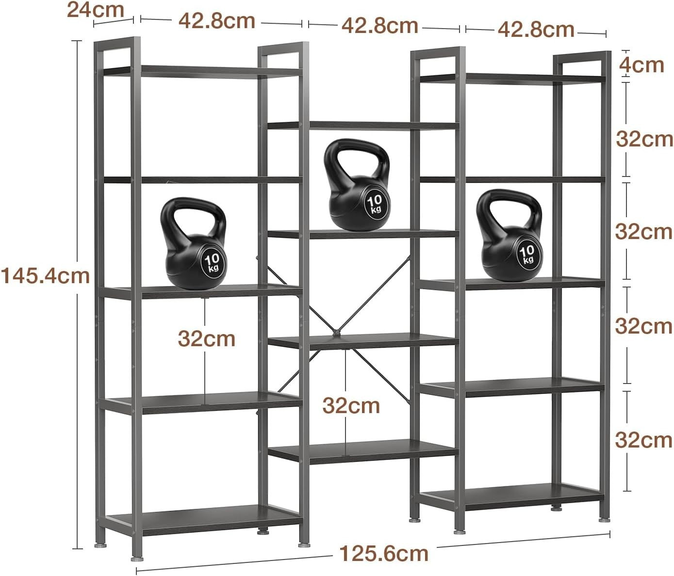 5 Tier Triple Bookshelf Industrial 14 Shelf Wide Bookcase Black Metal