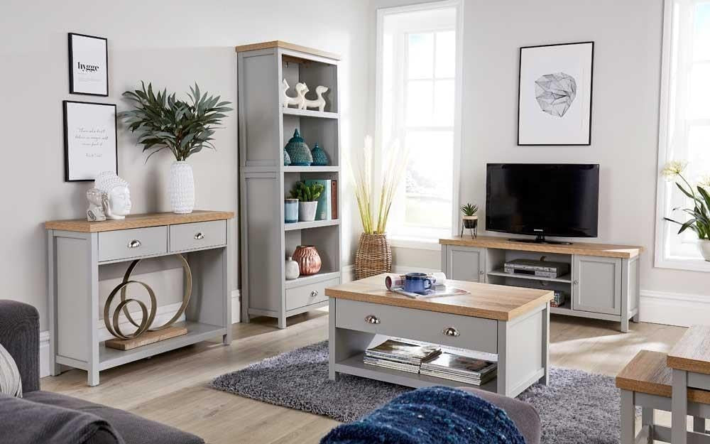 Modern Grey Coffee Table 2 Drawers Oak Effect 90x58x45cm Durable Storage