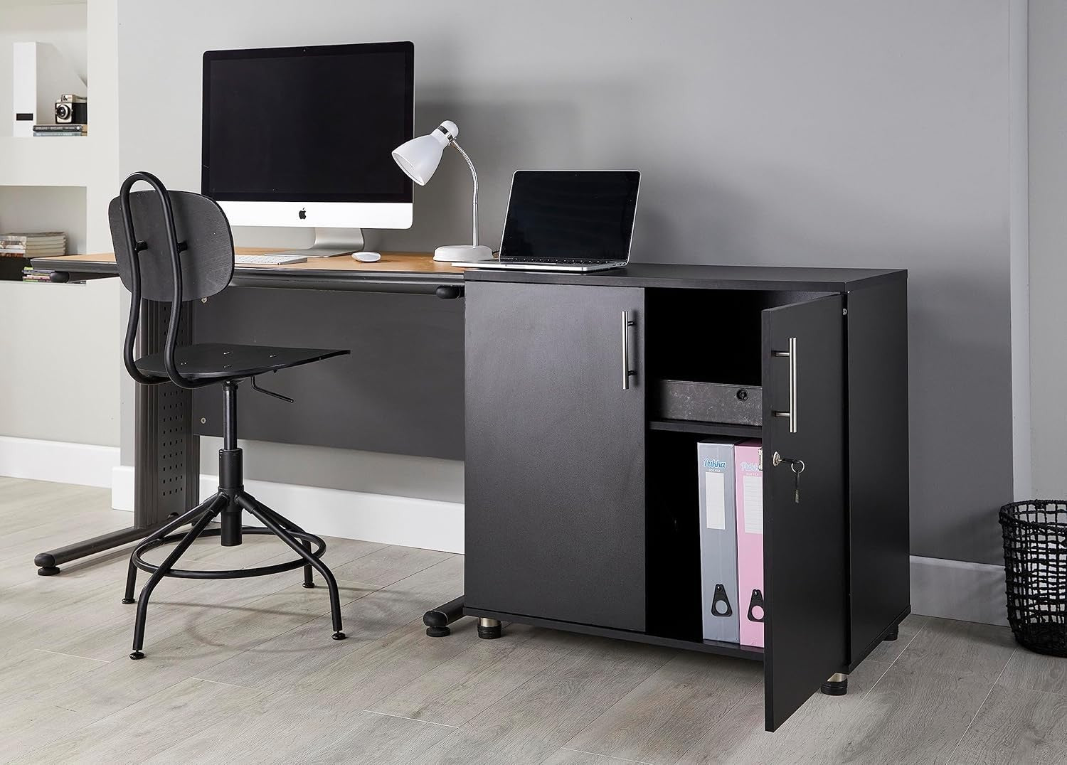 Black Storage Cabinet with Lock Doors 2 Tier Cupboard Adjustable Shelves