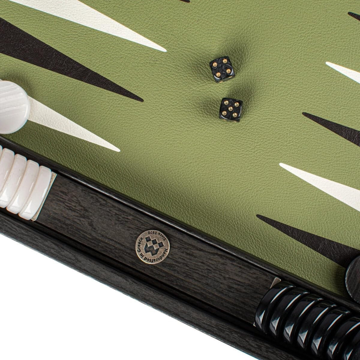 19” Luxury Backgammon Set Olive Green Faux Leather Wooden Foldable Board