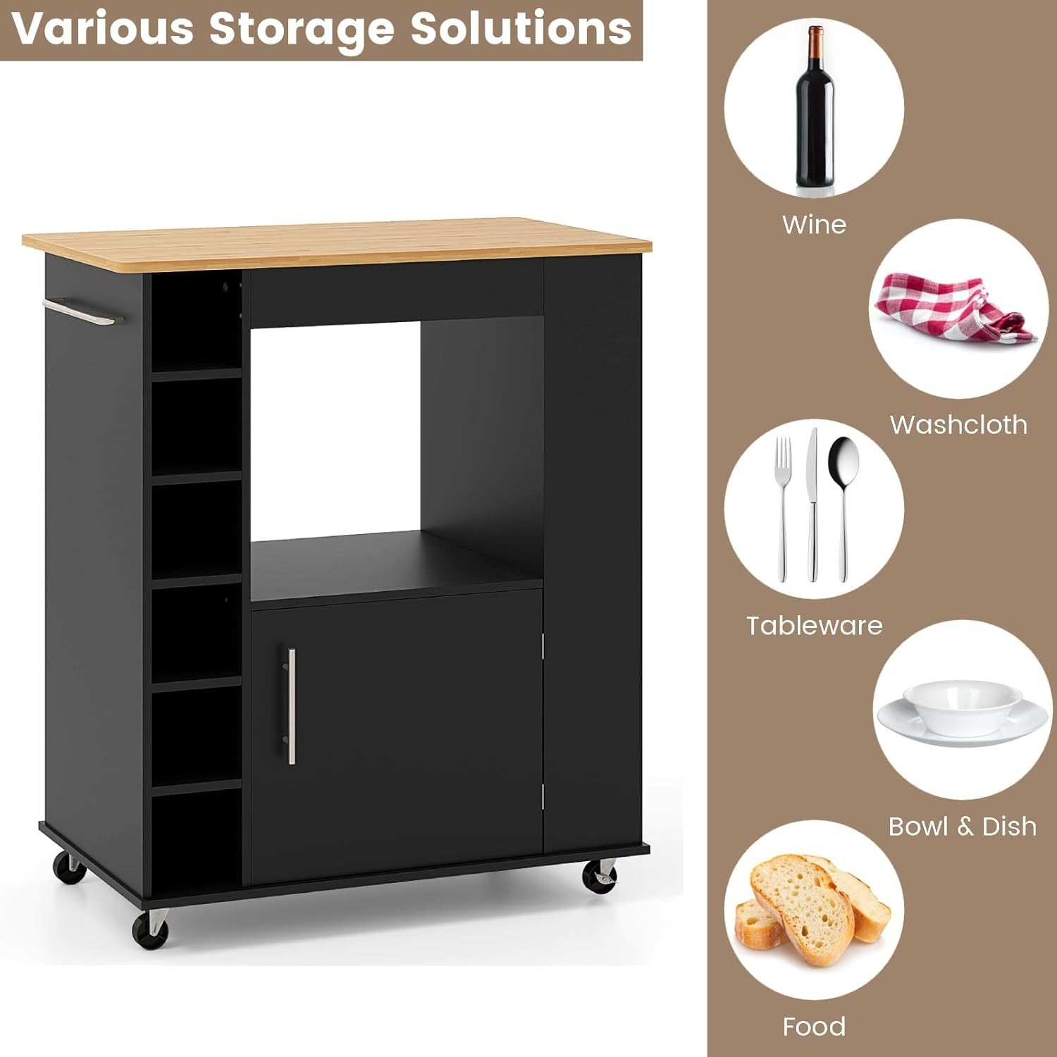 Kitchen Storage Trolley on Wheels Island Cart Bamboo Top Cabinet Wine Rack