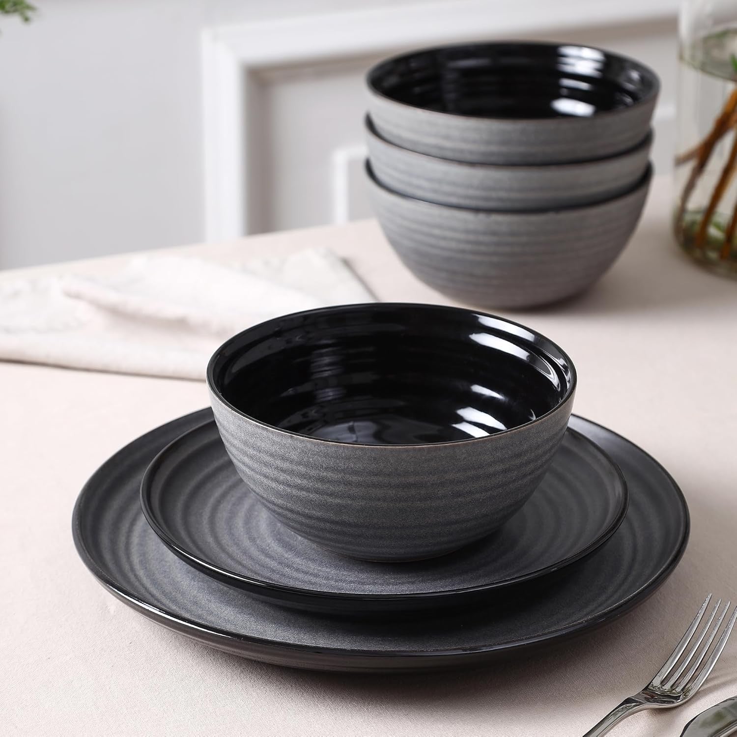 12pc Stoneware Dinner Set Plates Bowls Black Scratch Resistant Modern