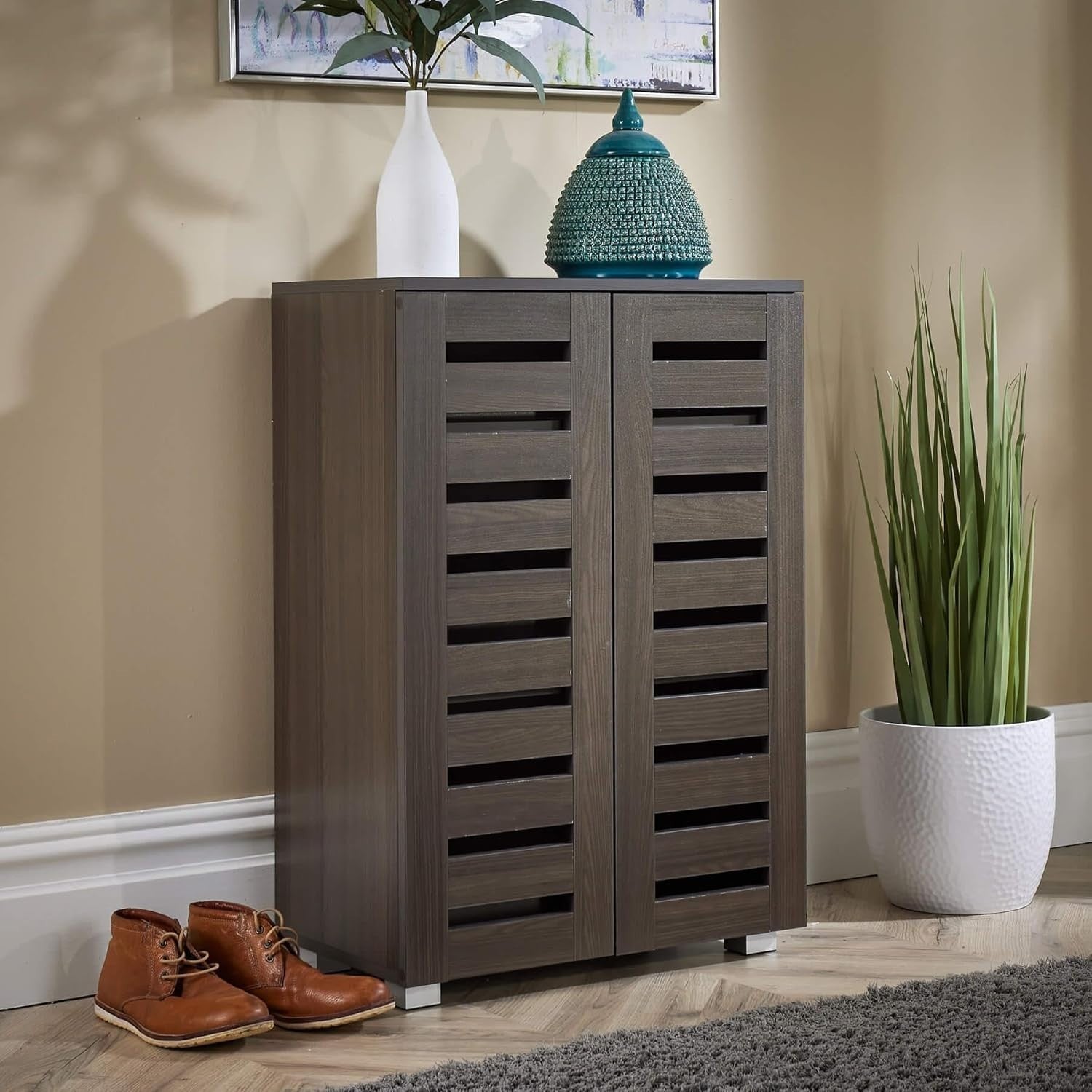 Shoe Storage Cabinet Wooden 2 Door Dark Brown Unit – Slim, Modern, Space-Saving