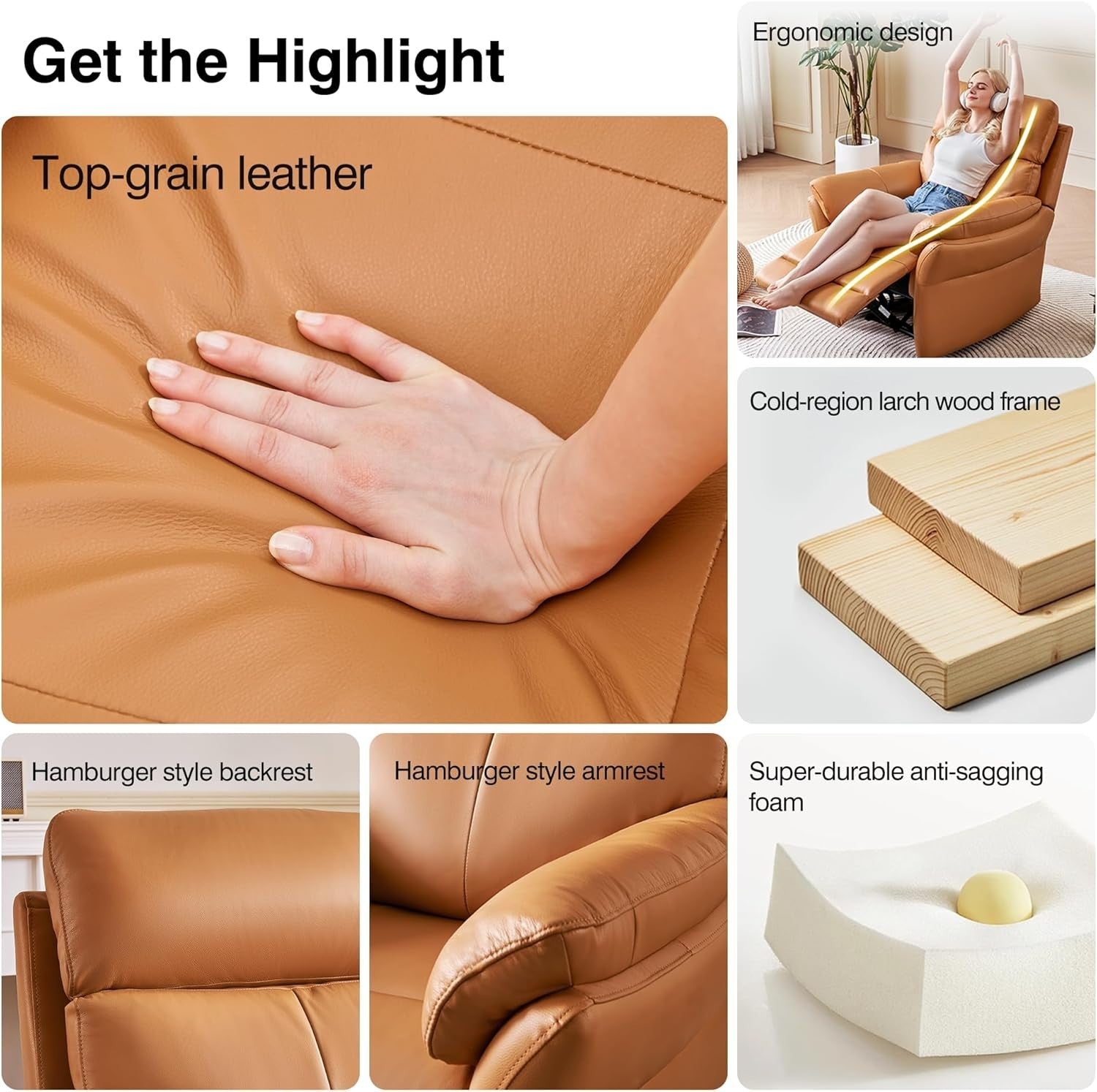 Genuine Leather Recliner Chair Orange Yellow, Ergonomic Living Room Sofa
