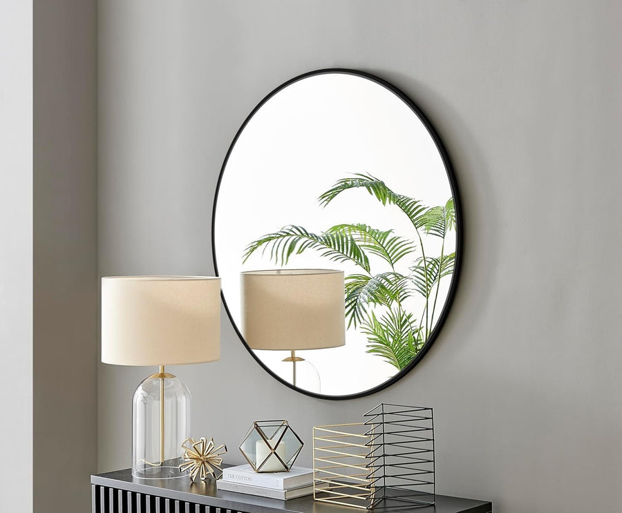 Large 100cm Round Wall Mirror Black Metal Frame Modern Hallway Decor