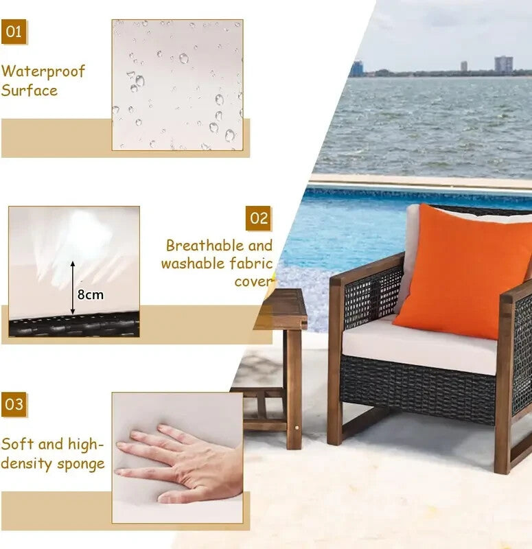 3PC Rattan Patio Bistro Set with Cushioned Chairs & Acacia Coffee Table