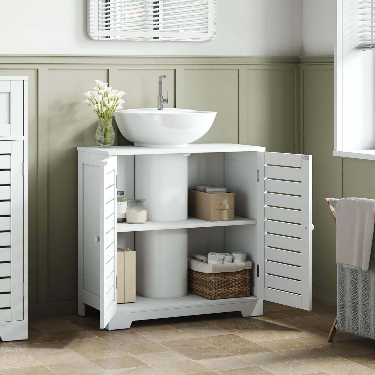White Under Sink Bathroom Cabinet 2 Door Storage Unit Modern Slim 60x30cm