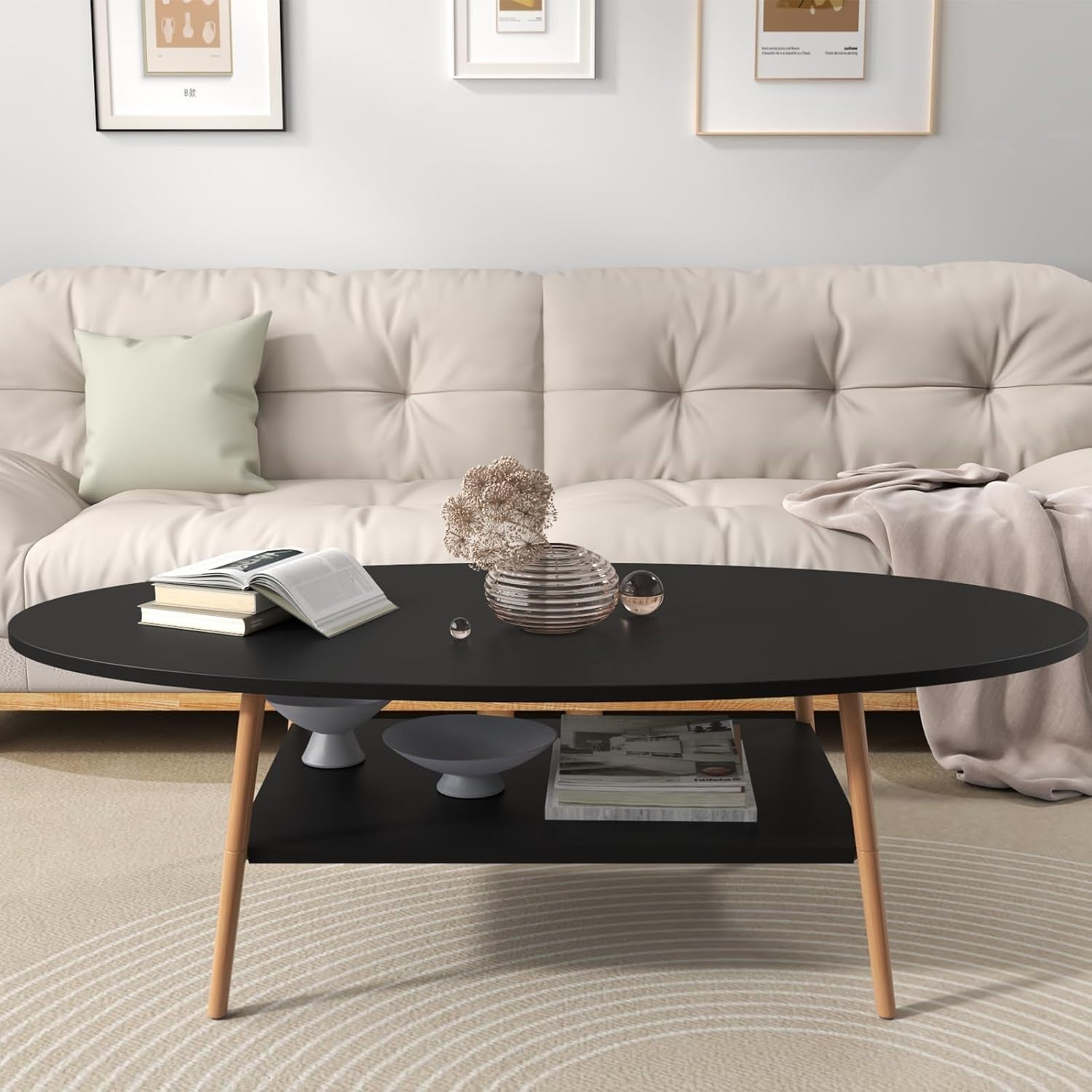 Black 2-Tier Oval Coffee Table 120x60x42cm Modern Storage Wood Frame
