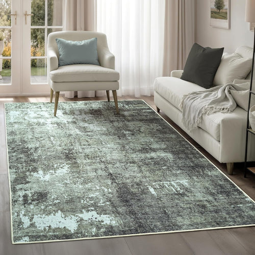 Washable Rug 122x170cm Non-Slip Short Pile Distressed Botanic Green Carpet