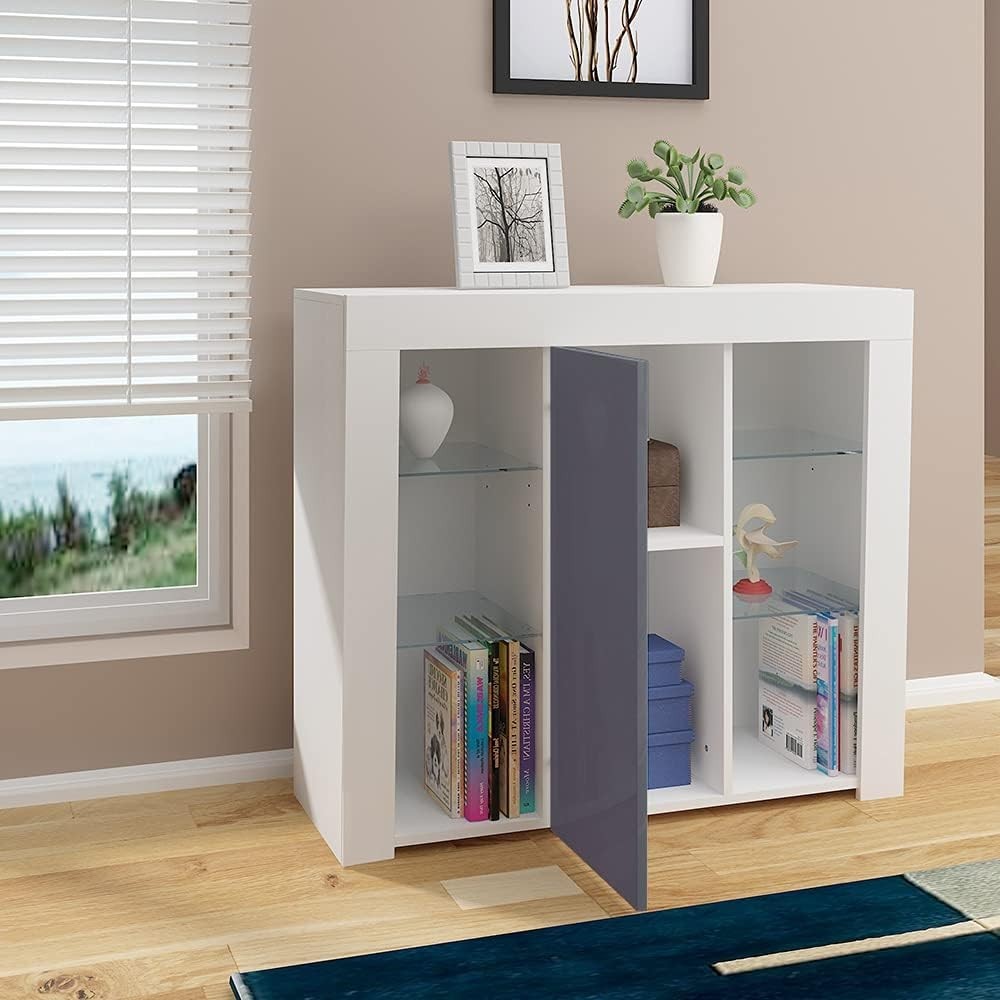 LED Sideboard Cabinet Grey Modern Display Unit with Glass Shelves RGB