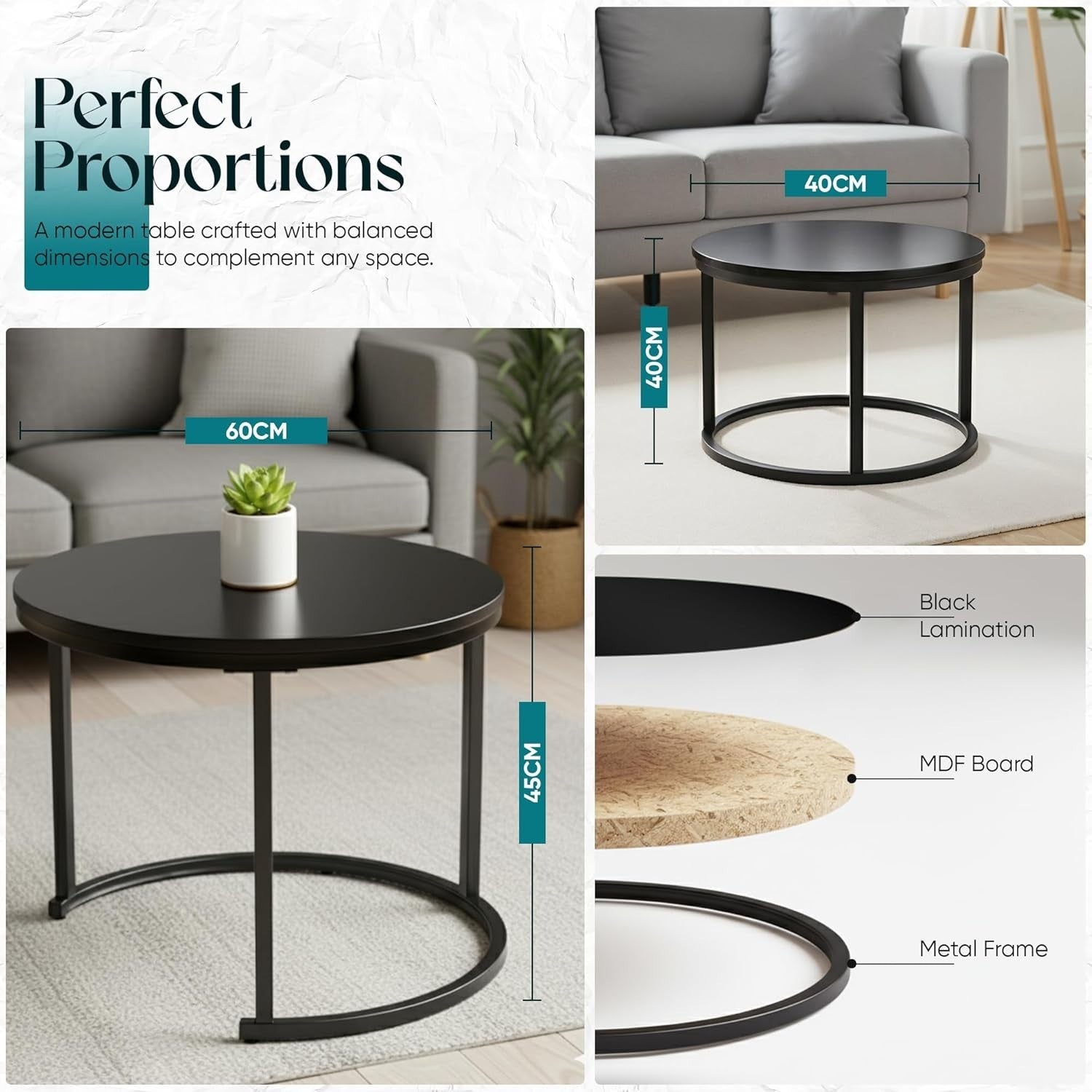 Round Nesting Coffee Tables Set for Living Room, Black Metal & Wood, Stackable