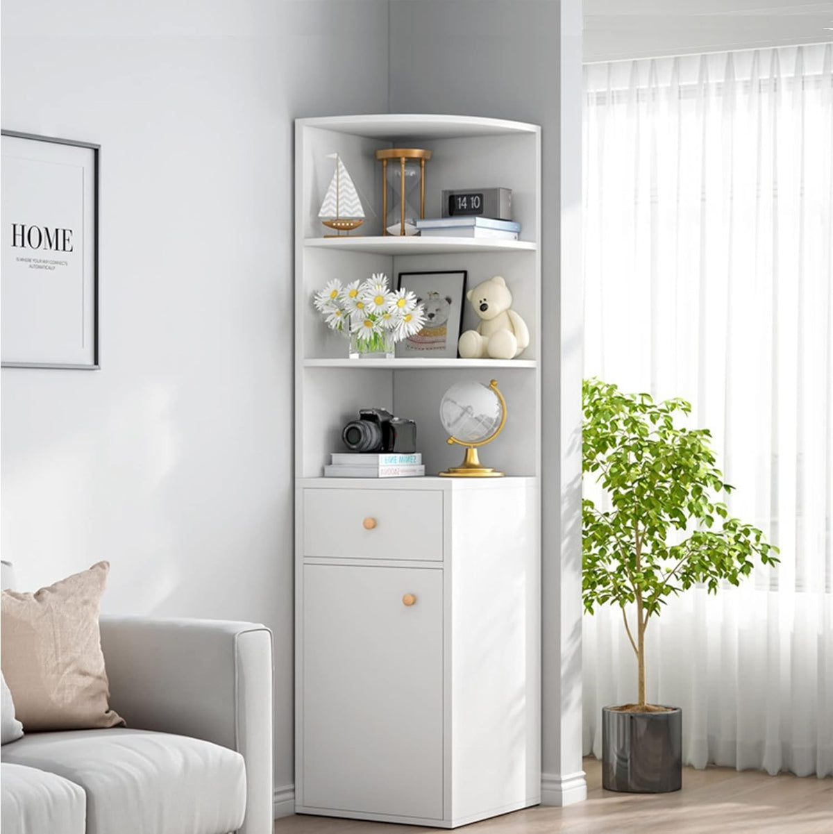 Corner Storage Cabinet White 3-Tier Shelves with Drawer & Door 150x30cm