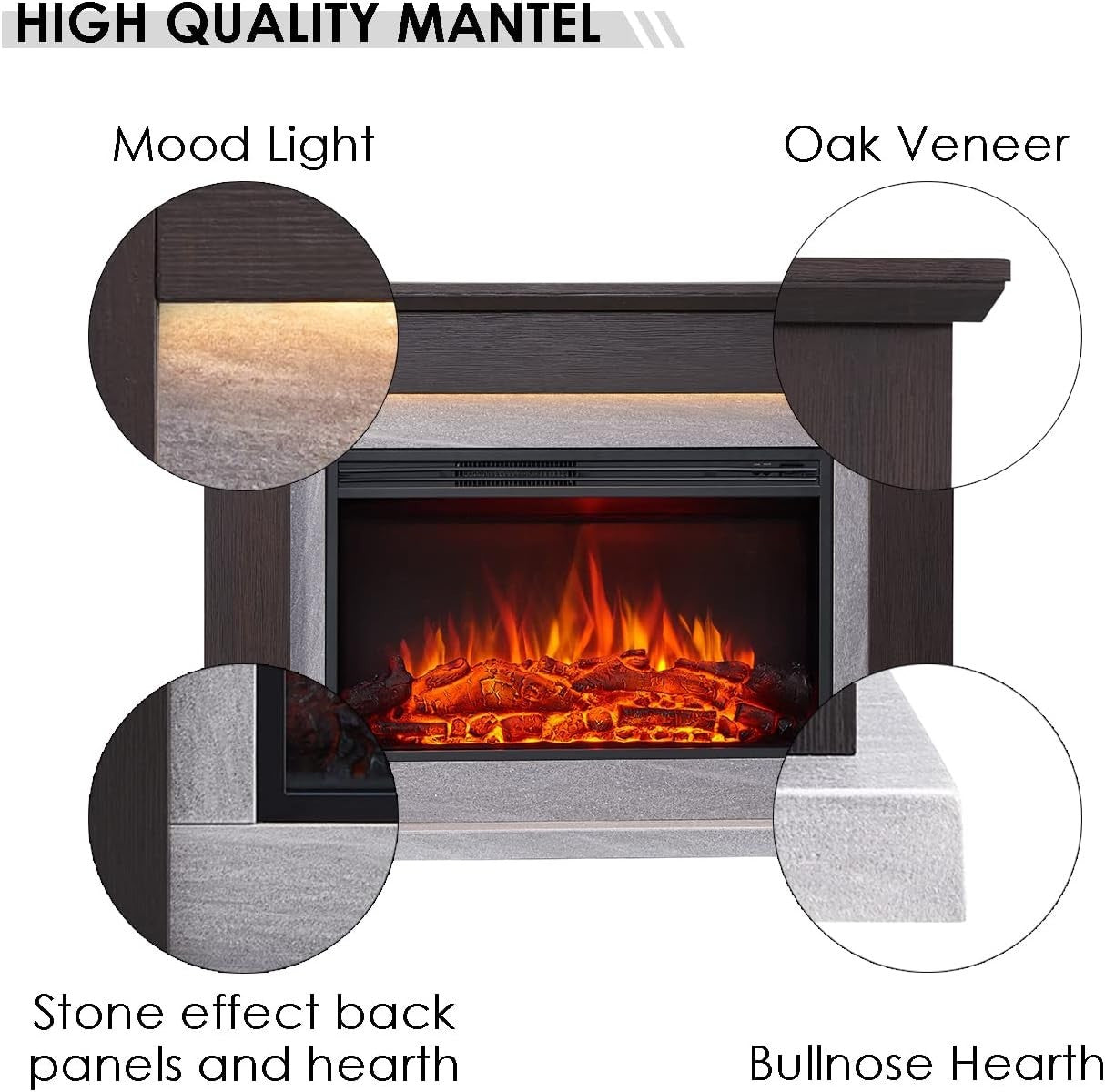 🔥 48" Electric Wall Fireplace Suite 2kW LED Heater Espresso Oak Remote