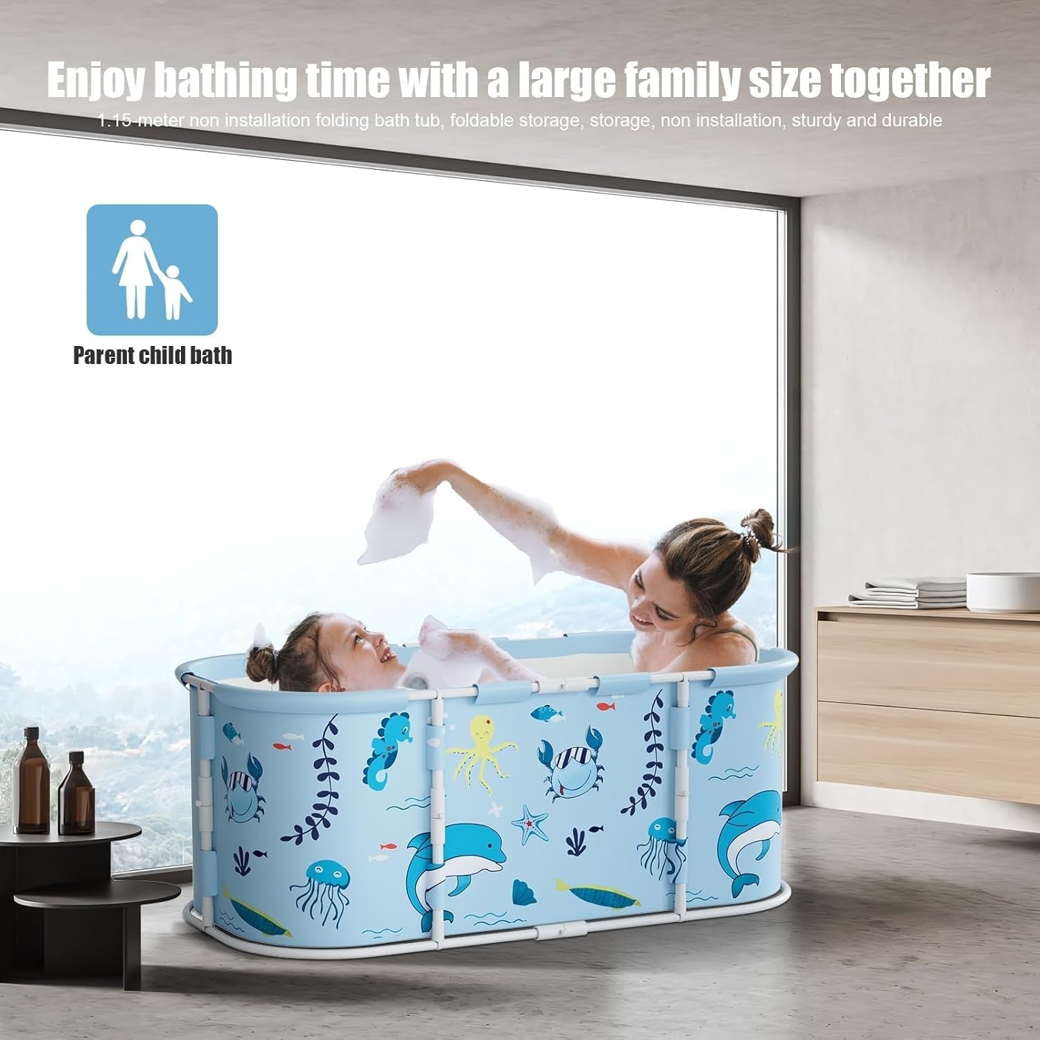 Portable Foldable Adult Bathtub 45" Blue | Family SPA Soaking Tub Plastic Frame