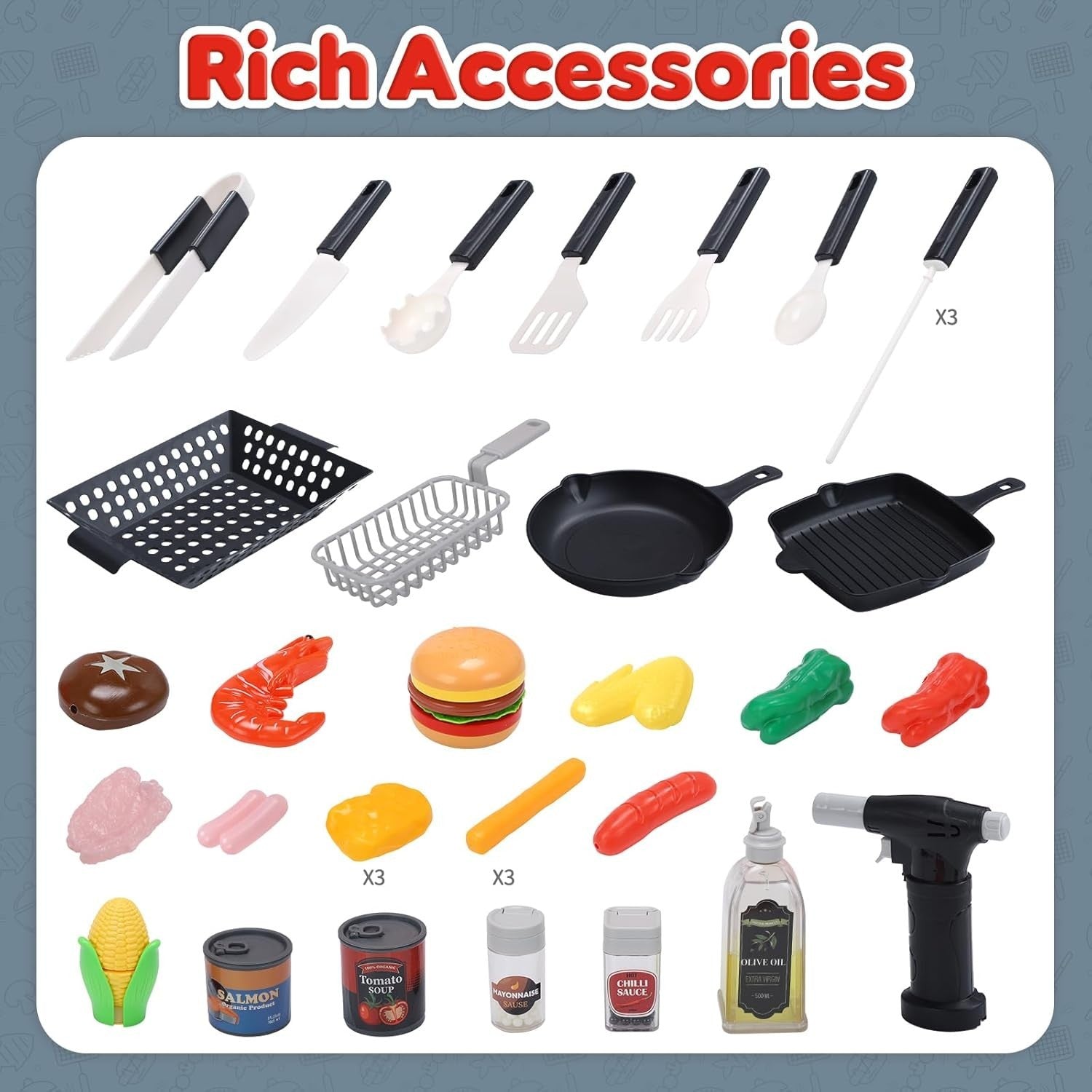 Kids BBQ Grill Toy Set w/ Lights Sounds Mist Spray Red Kitchen