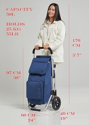 Blue Aluminium Shopping Trolley with Seat & 50L Bag, Foldable Wheels