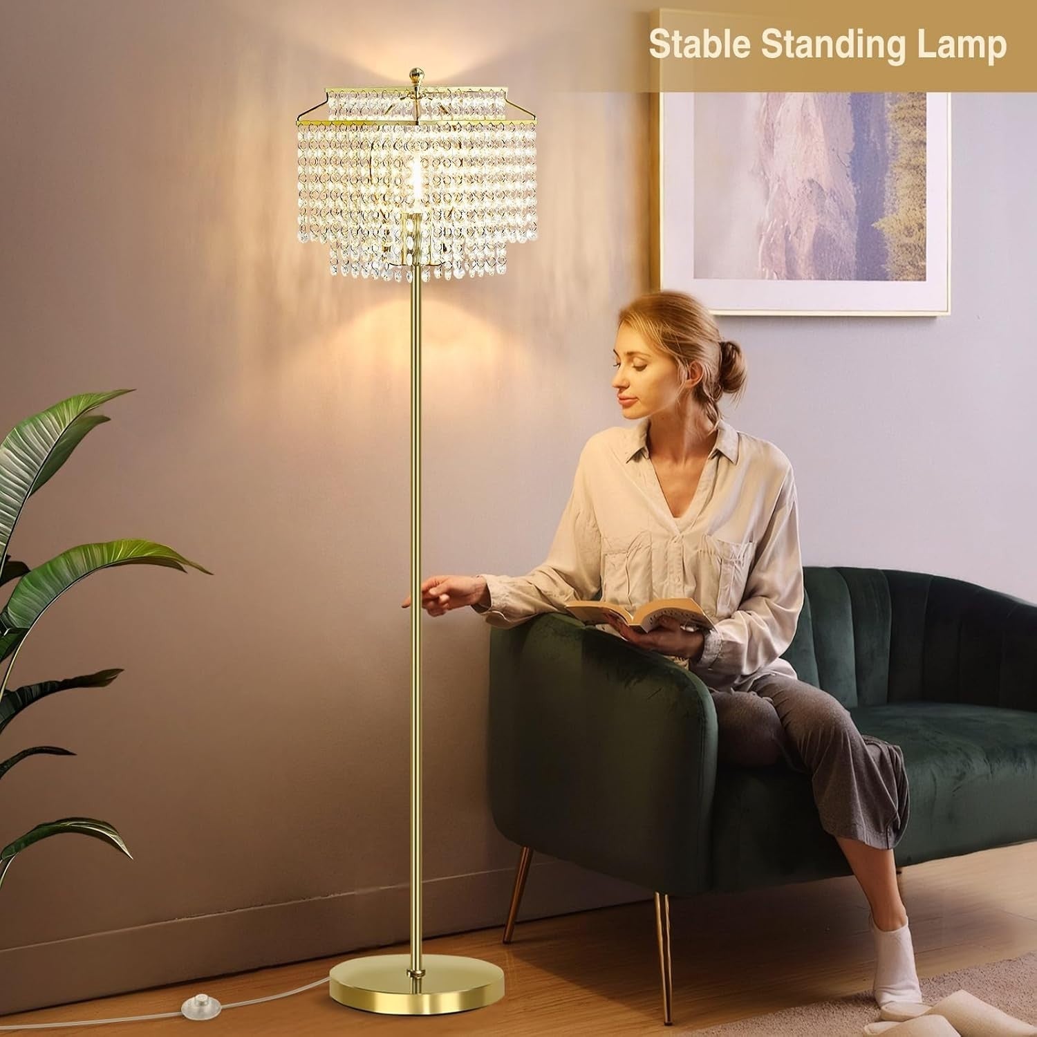 Crystal Floor Lamp with Tall Pole, Double Shade & Foot Switch E27 LED