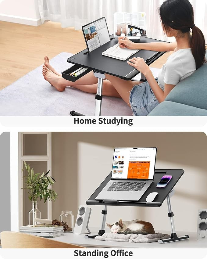 Adjustable Bed Desk Table with Drawer Book Stand Laptop Tray 60x45cm