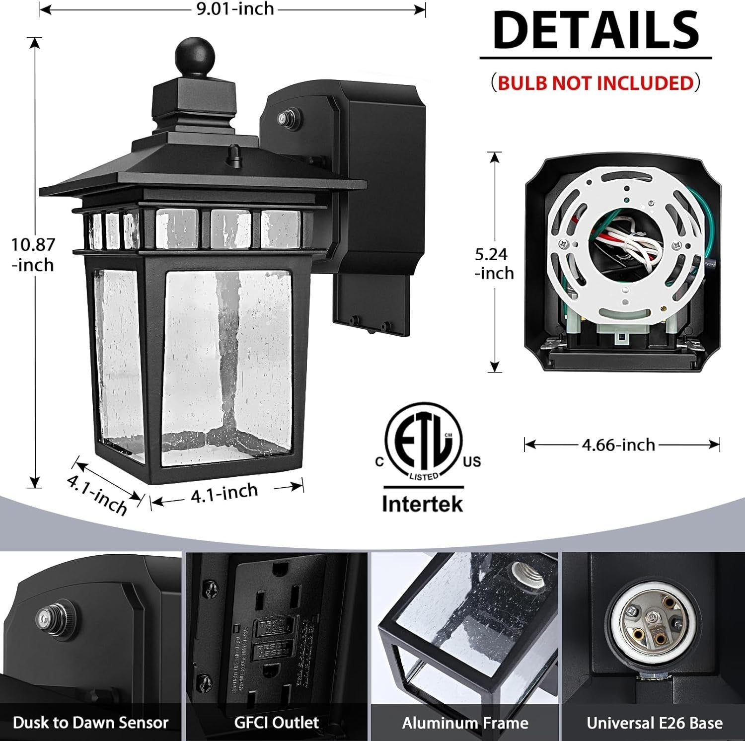 Outdoor Wall Light with GFCI Outlet, Dusk to Dawn Sensor, Waterproof Lantern