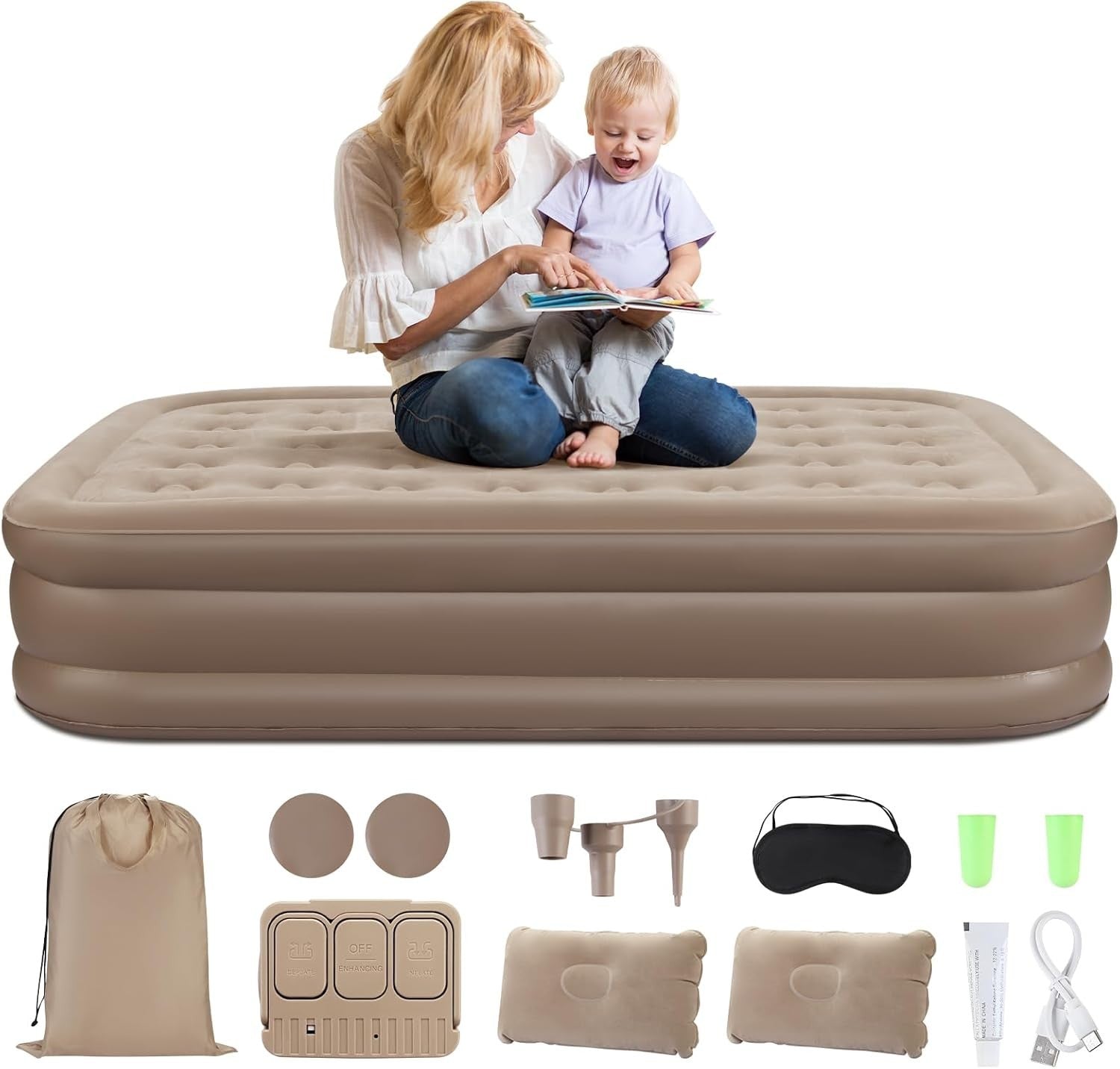 Double Inflatable Air Mattress with Built-in Pump, Pillows & Flocked Top
