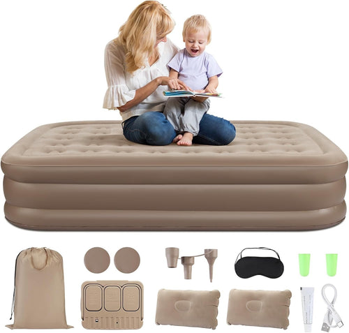 Double Inflatable Air Mattress with Built-in Pump, Pillows & Flocked Top