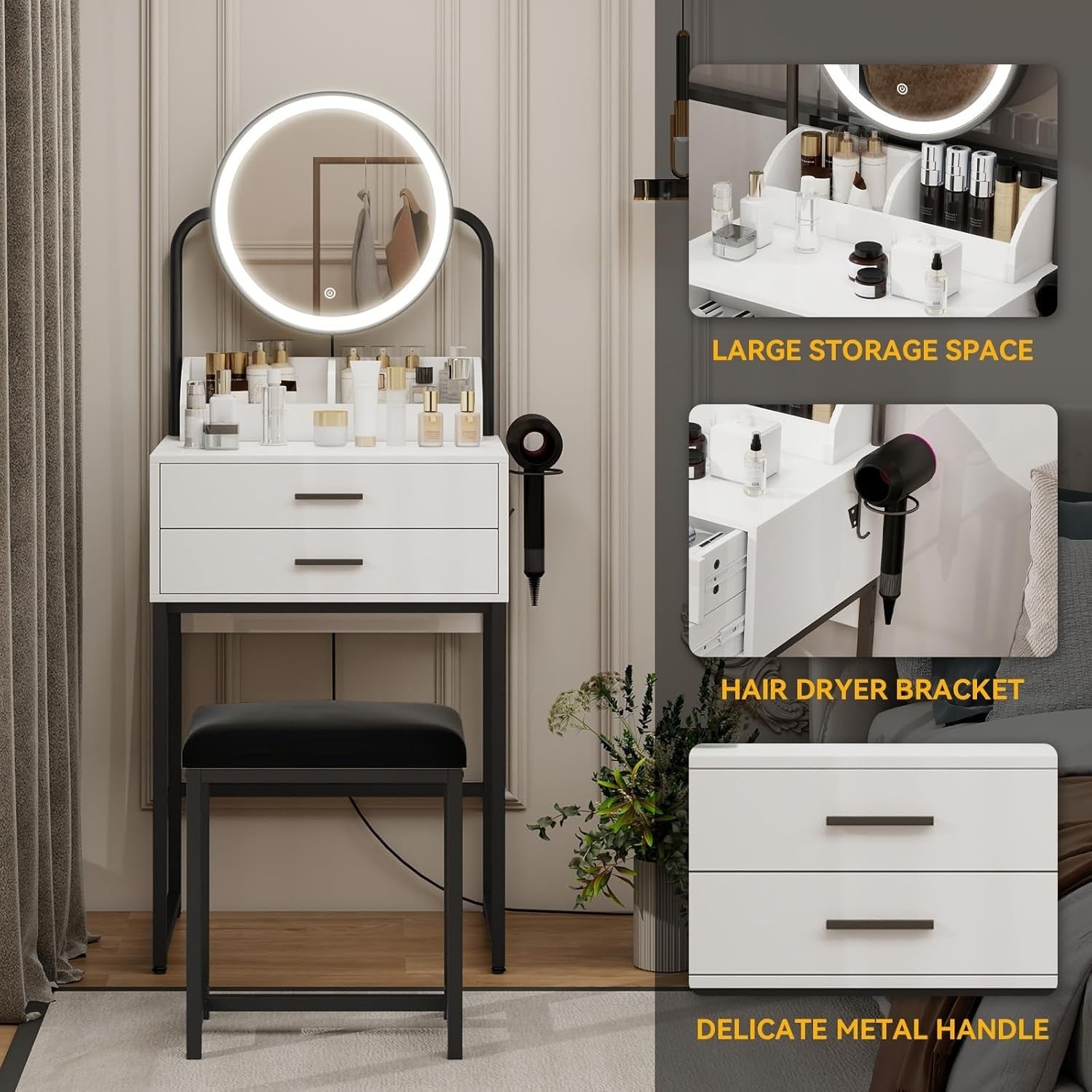 Vanity Dressing Table Makeup Desk Mirror LED Lights Drawers Stool White/Black