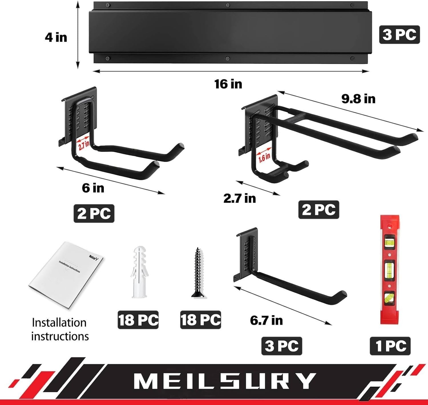 48 Inch Garage Tool Organizer Wall Mount Rack 7 Hooks Heavy Duty