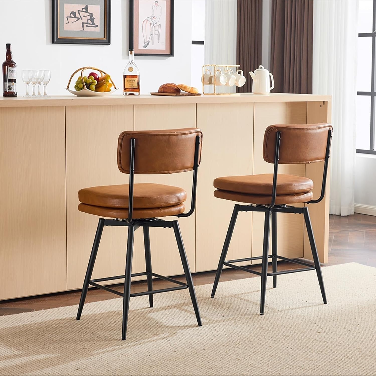 360° Swivel Bar Stools Set of 2 | Brown PU Leather Counter Chairs