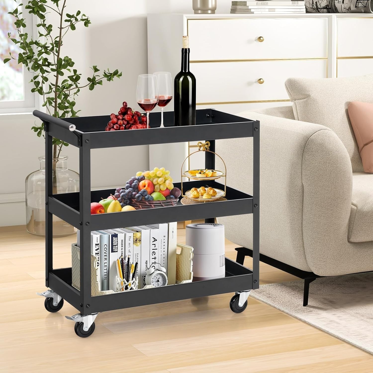 3 Tier Heavy Duty Tool Trolley Rolling Utility Cart Lockable Wheels Black