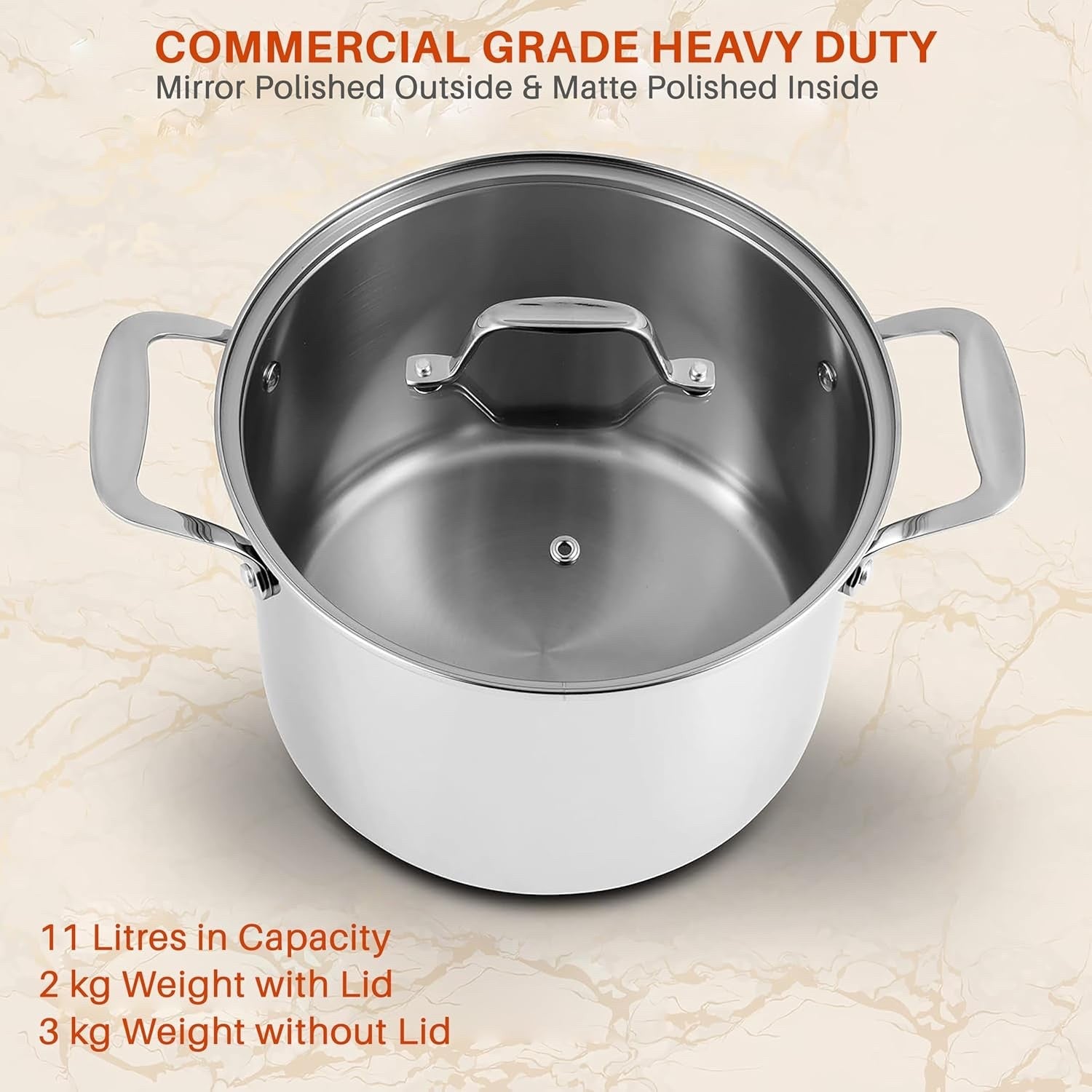 11.3L Stainless Steel Stock Pot with Glass Lid Induction Ready Heavy Duty Soup
