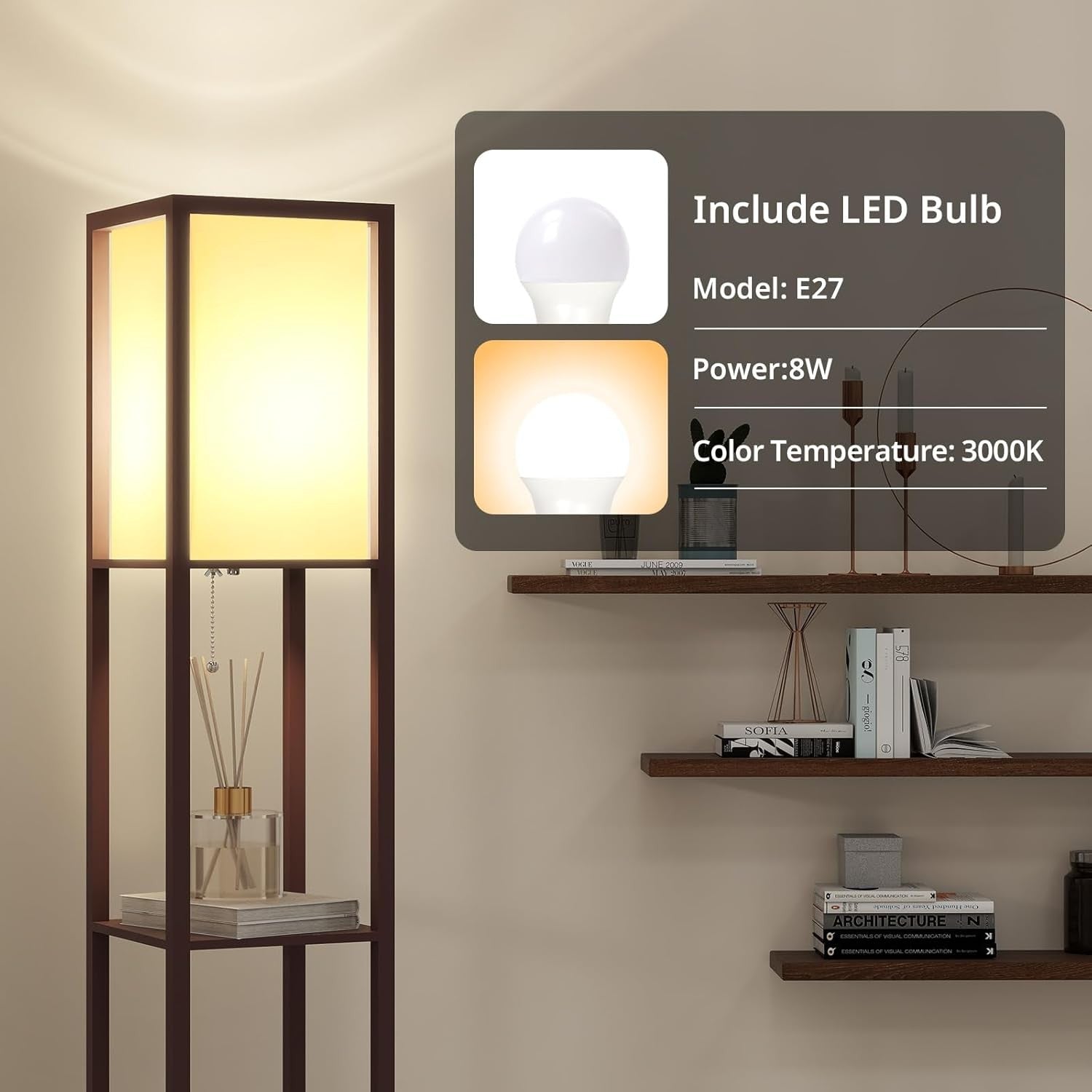 Floor Lamp with Shelves LED Bulb Included Wooden Storage Standing Light