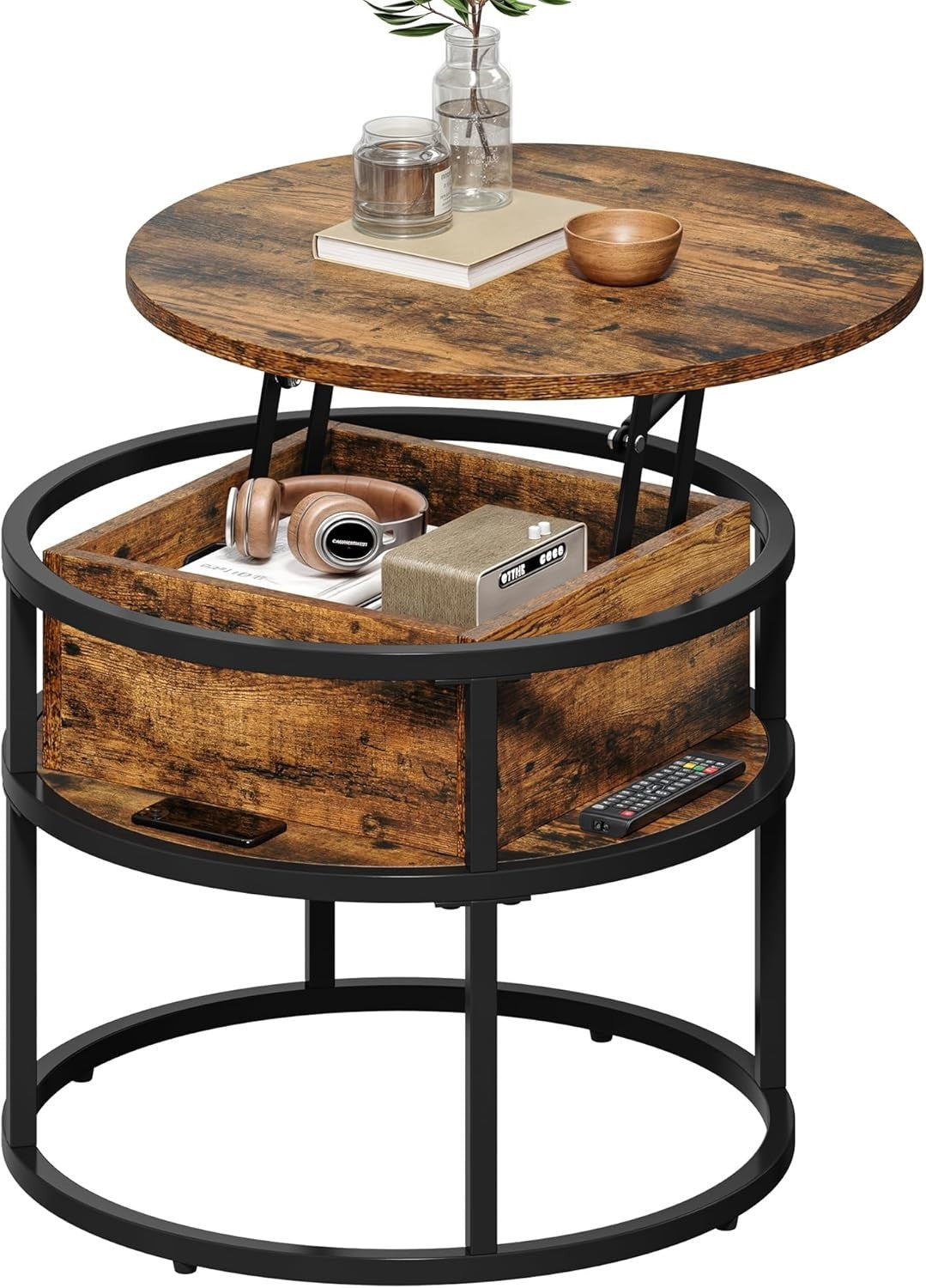 Round Lift Top Coffee Table with Hidden Storage, Small Space Metal Frame