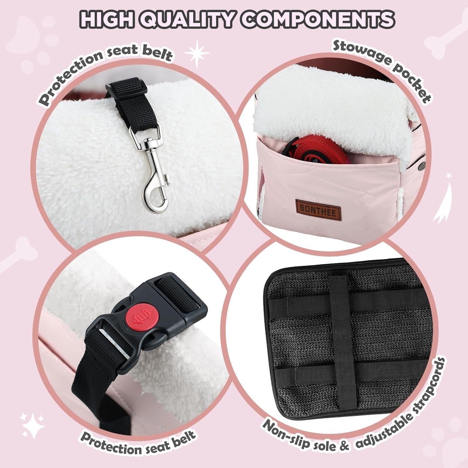 Pink Console Dog Car Seat Small Pet Booster PU Leather Travel Carrier