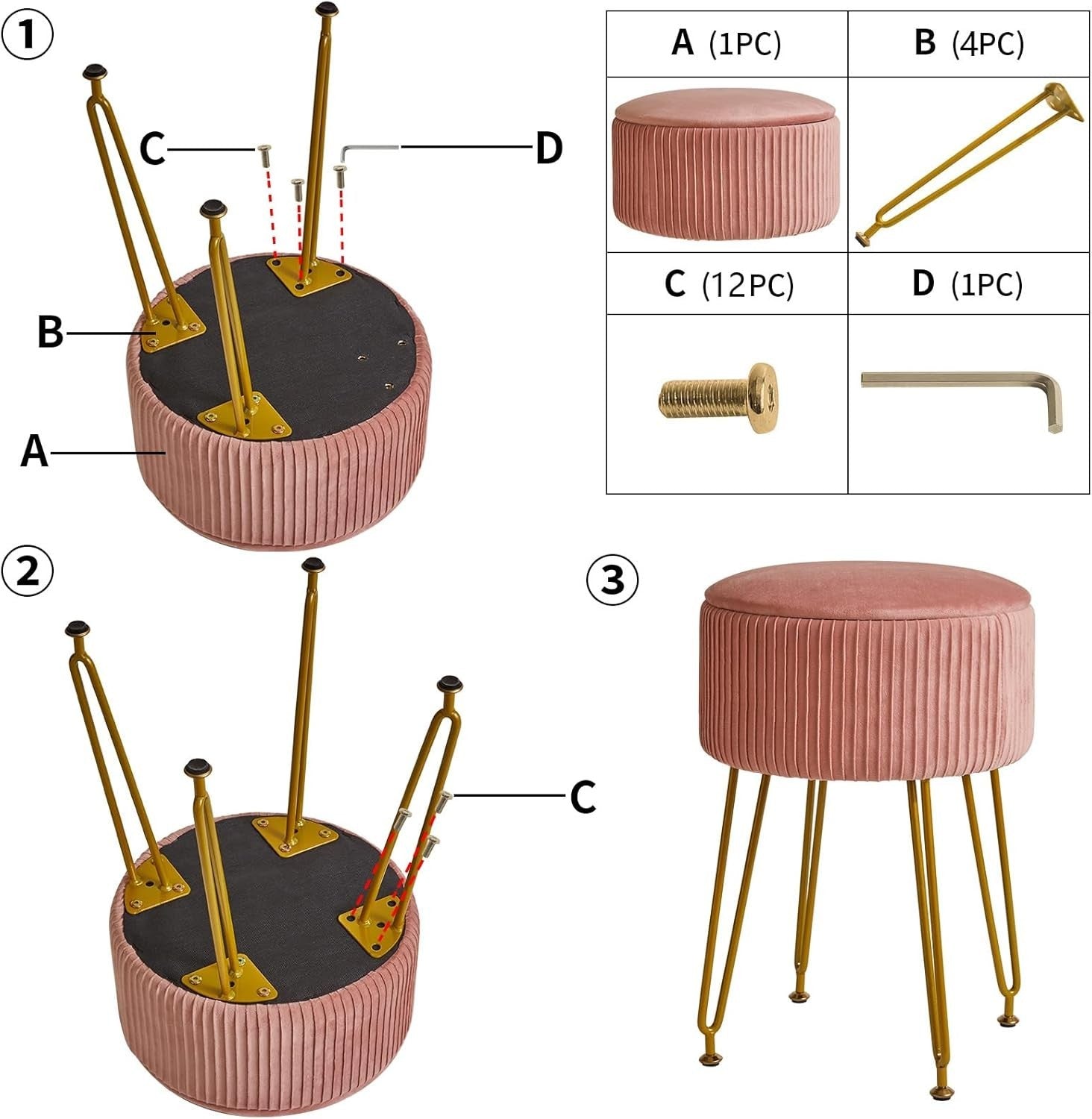Pink Velvet Storage Footrest Ottoman – Golden Leg Vanity Stool Side Table