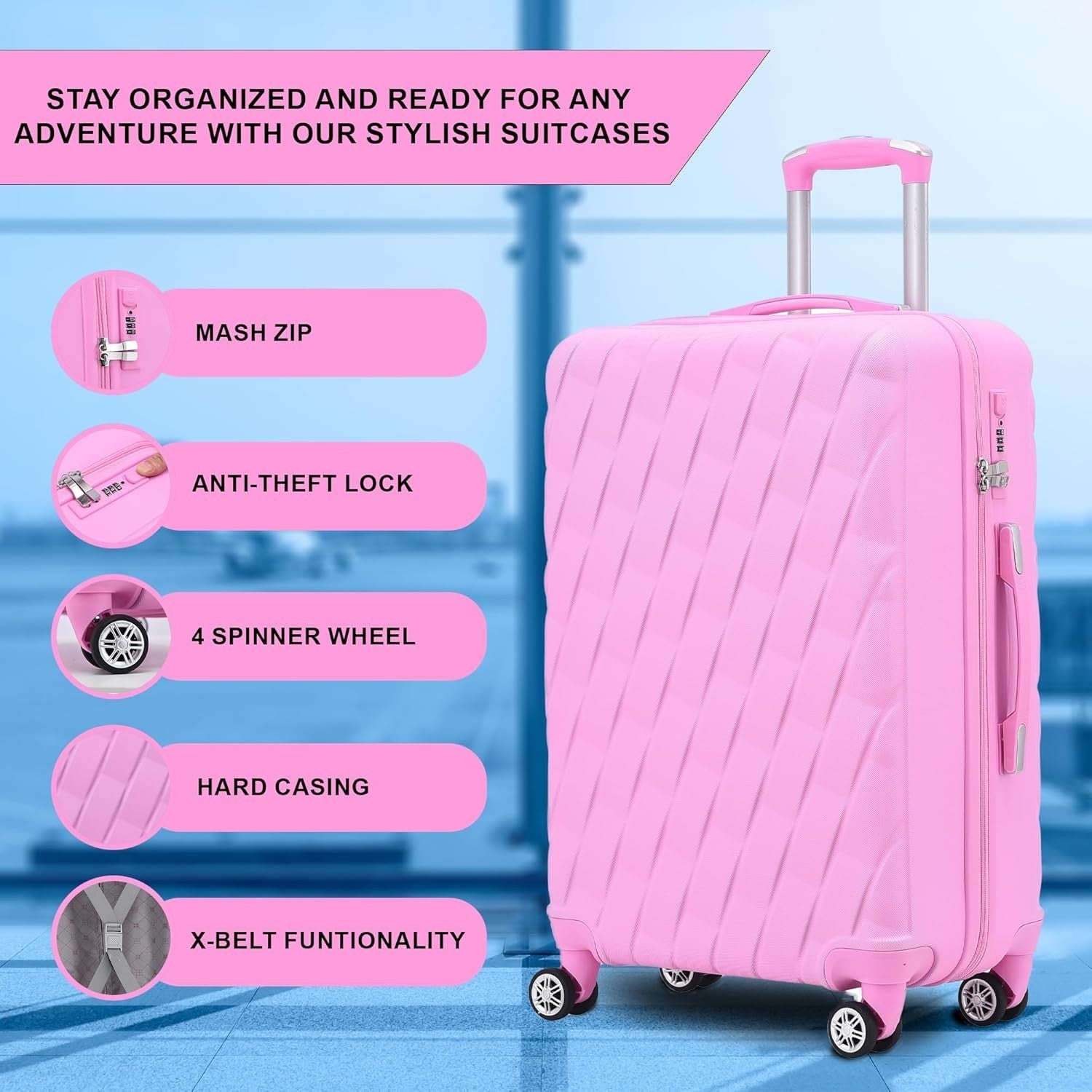 20 Inch Cabin Carry On Hard Shell Suitcase 4 Dual Spinner Wheels Lock Pink